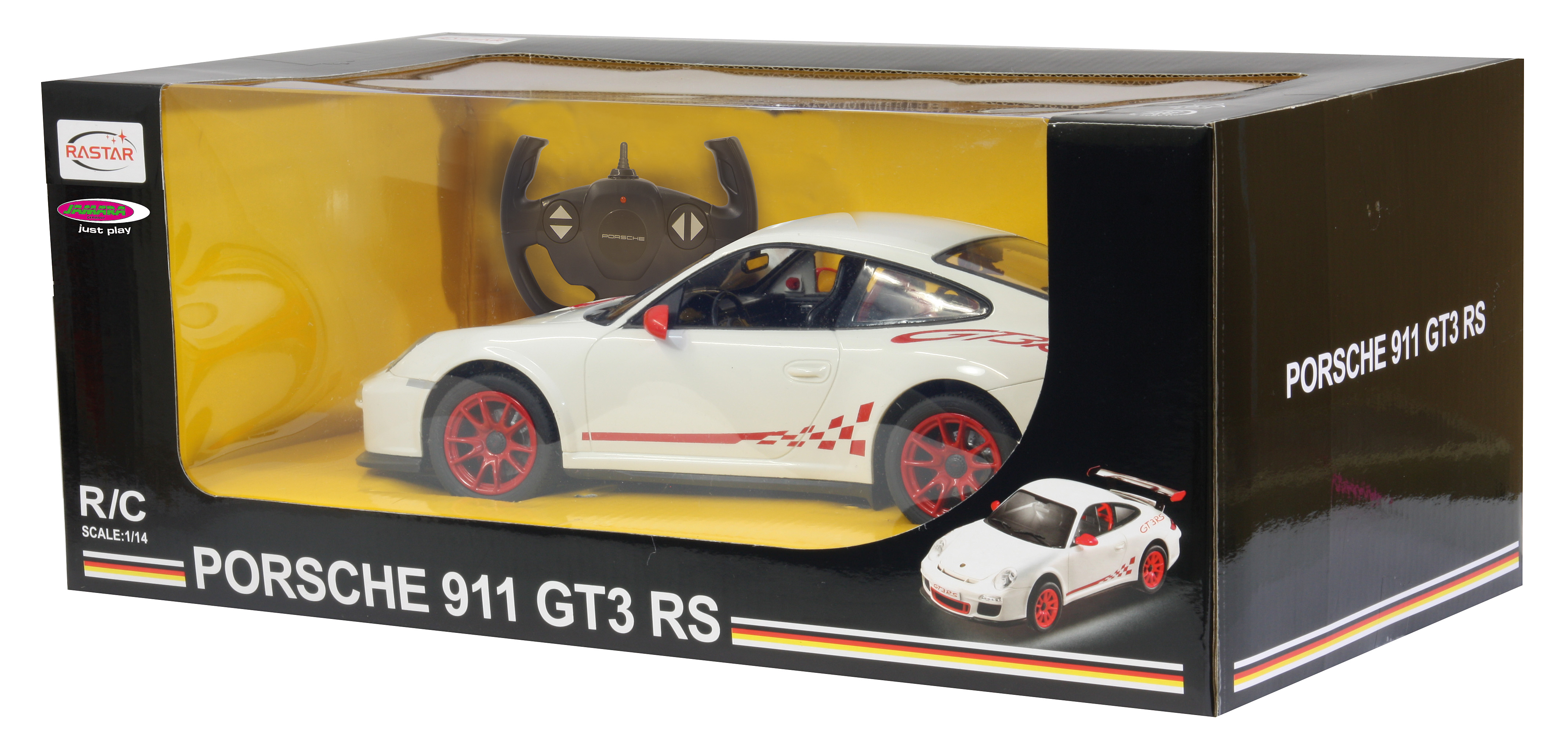 Biały zabawkowy samochód Porsche 911 GT3 RS w pudełku z kontrolerem. Tekst na pudełku: PORSCHE 911 GT3 RS.