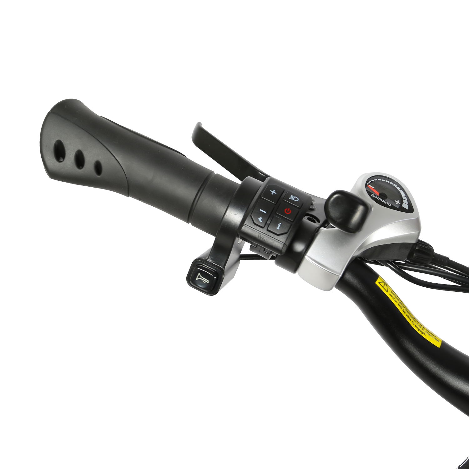 Zbliżenie kierownicy e-roweru z elementami sterowania. Zawiera klakson, światła i kontrolki zasilania.