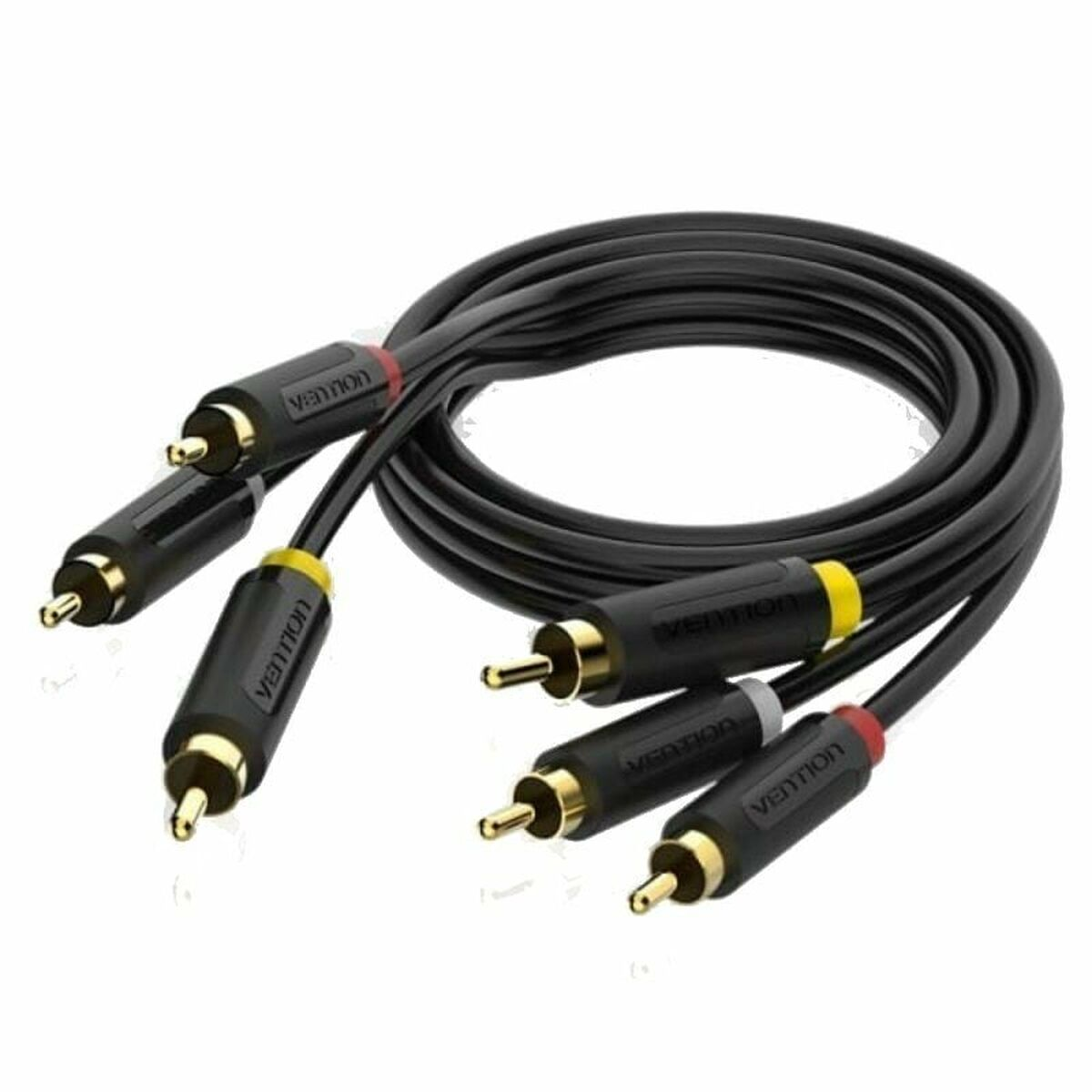 Un set di cavi RCA neri con connettori color oro, su sfondo bianco.
