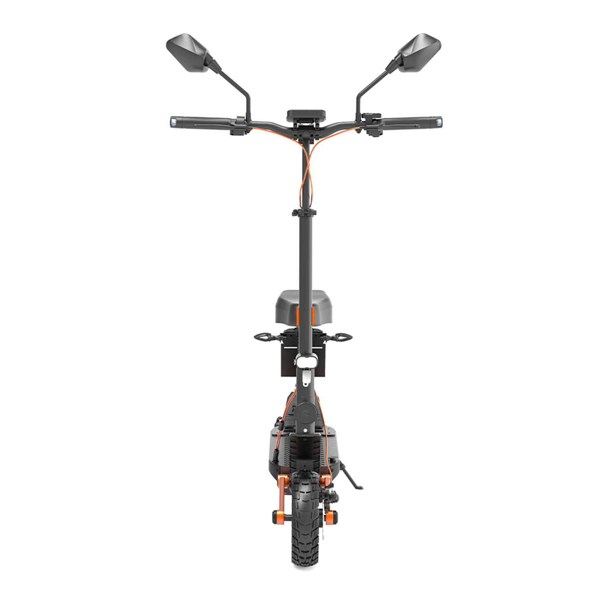 Czarno-pomarańczowa hulajnoga elektryczna z siedzeniem, lusterkami i światłami.