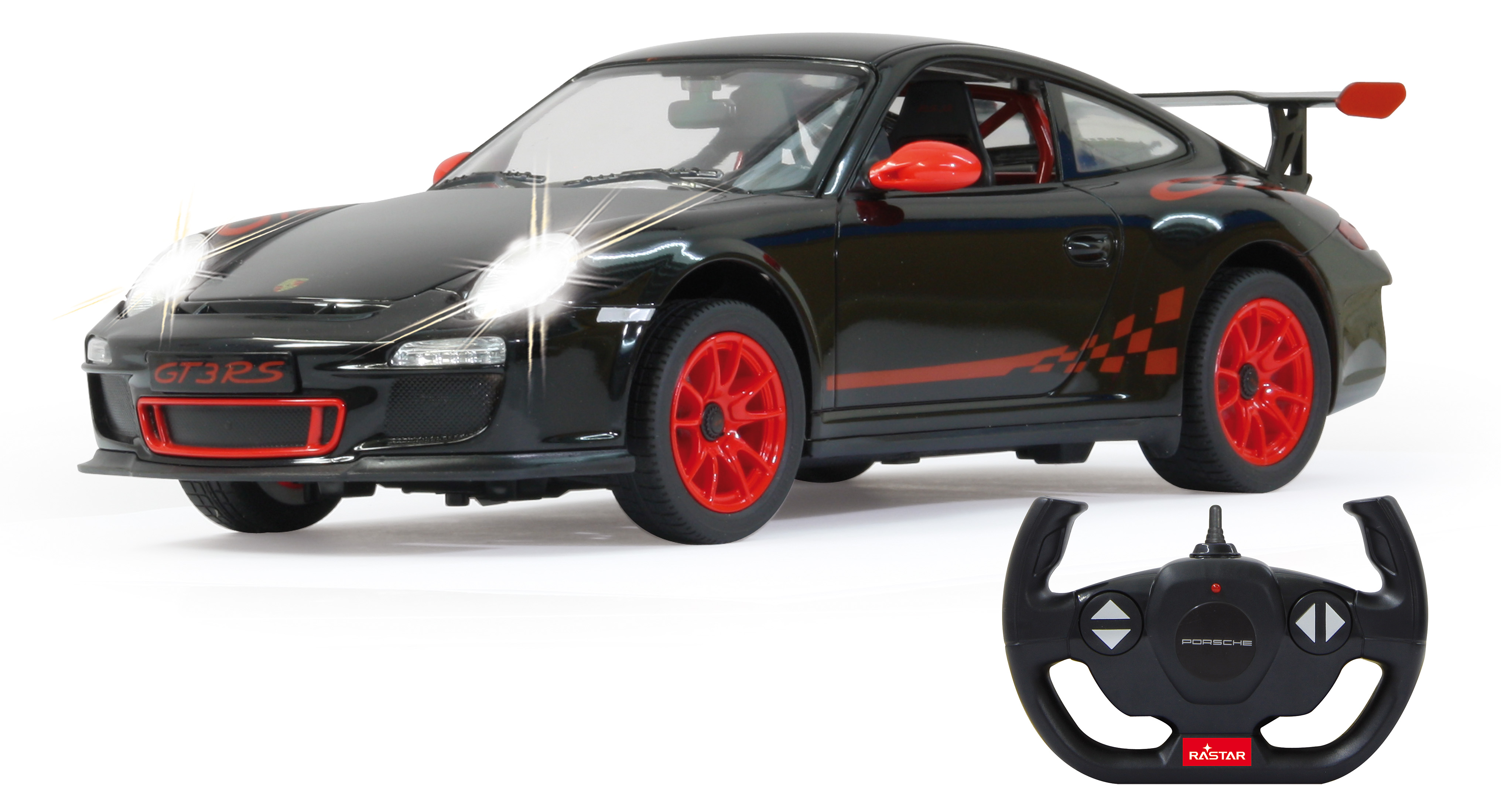 Czarny samochód zabawkowy Porsche GT3RS z włączonymi reflektorami. Czerwone akcenty i koła. Pilot.