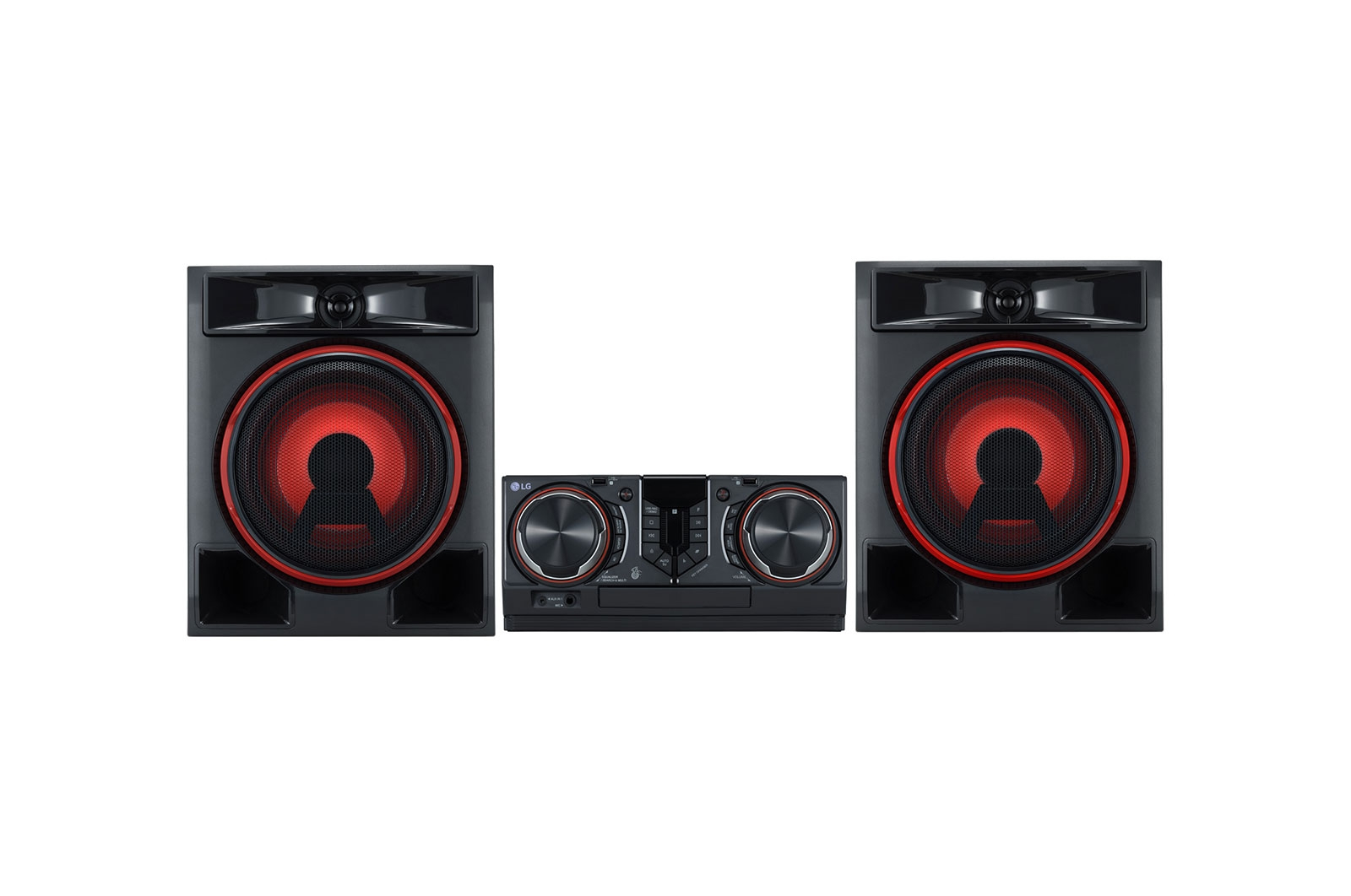 LG stereo sistemi. İki hoparlör ve merkezi bir ünite. Hoparlörlerde kırmızı ışıklar.