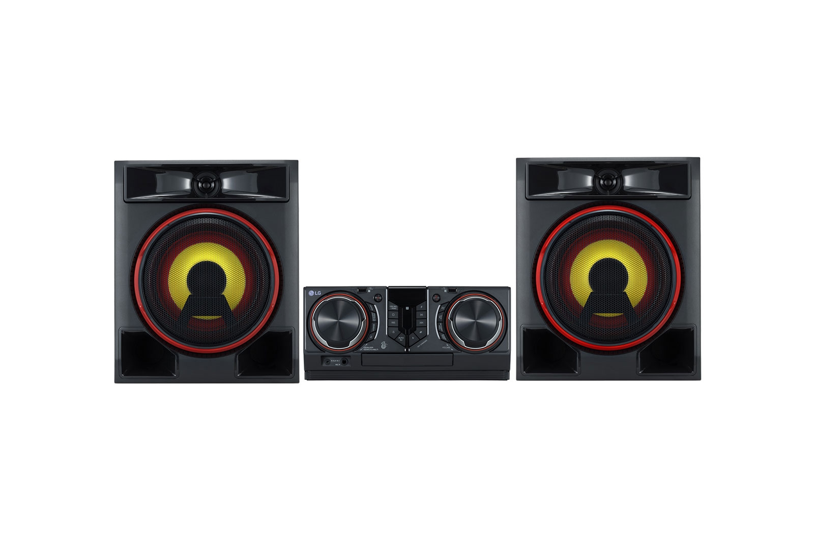 İki hoparlörlü siyah stereo sistemi, kırmızı ve sarı vurgular.