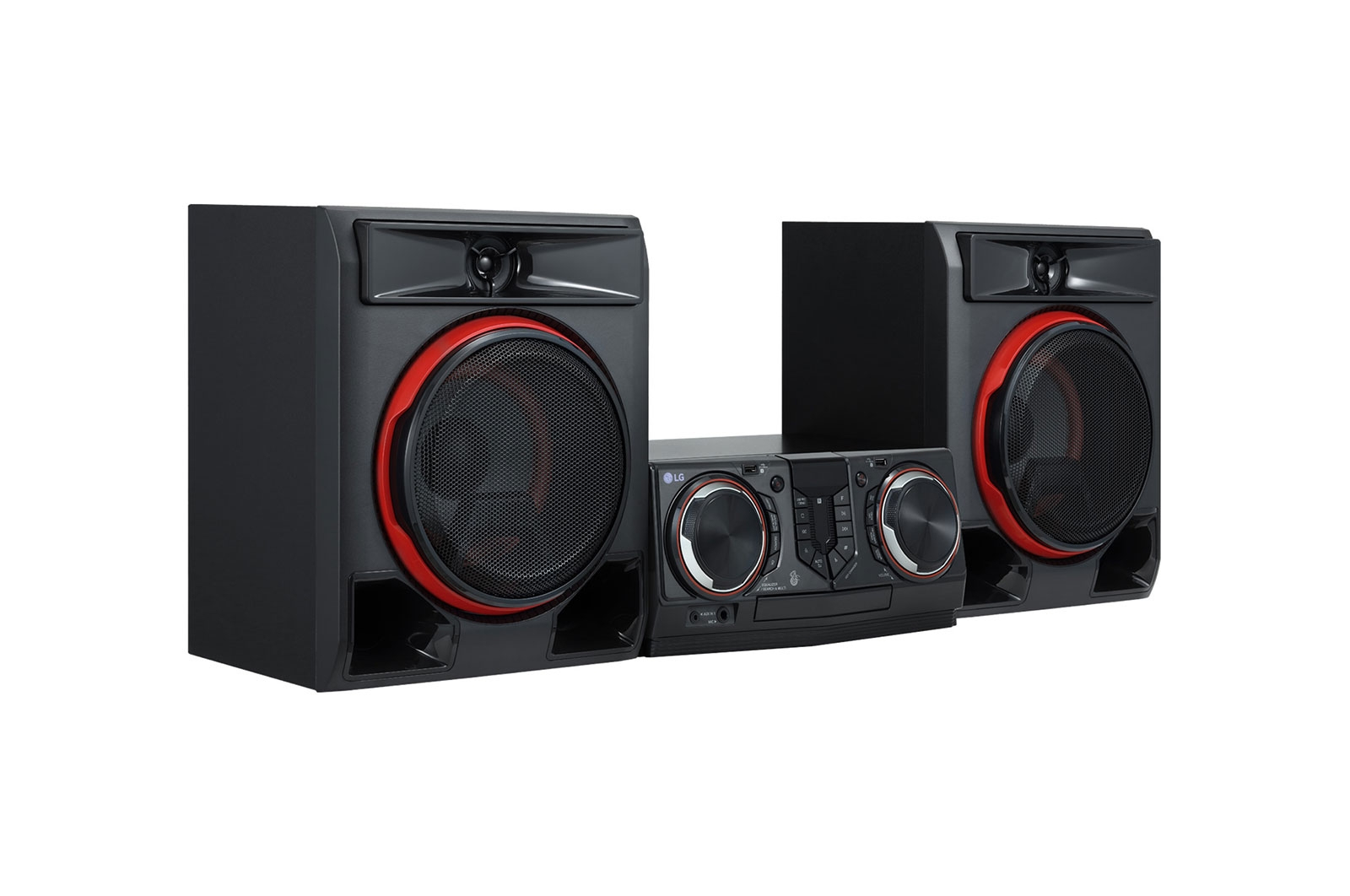 İki hoparlörlü siyah stereo sistemi, siyah ve kırmızı vurgular.