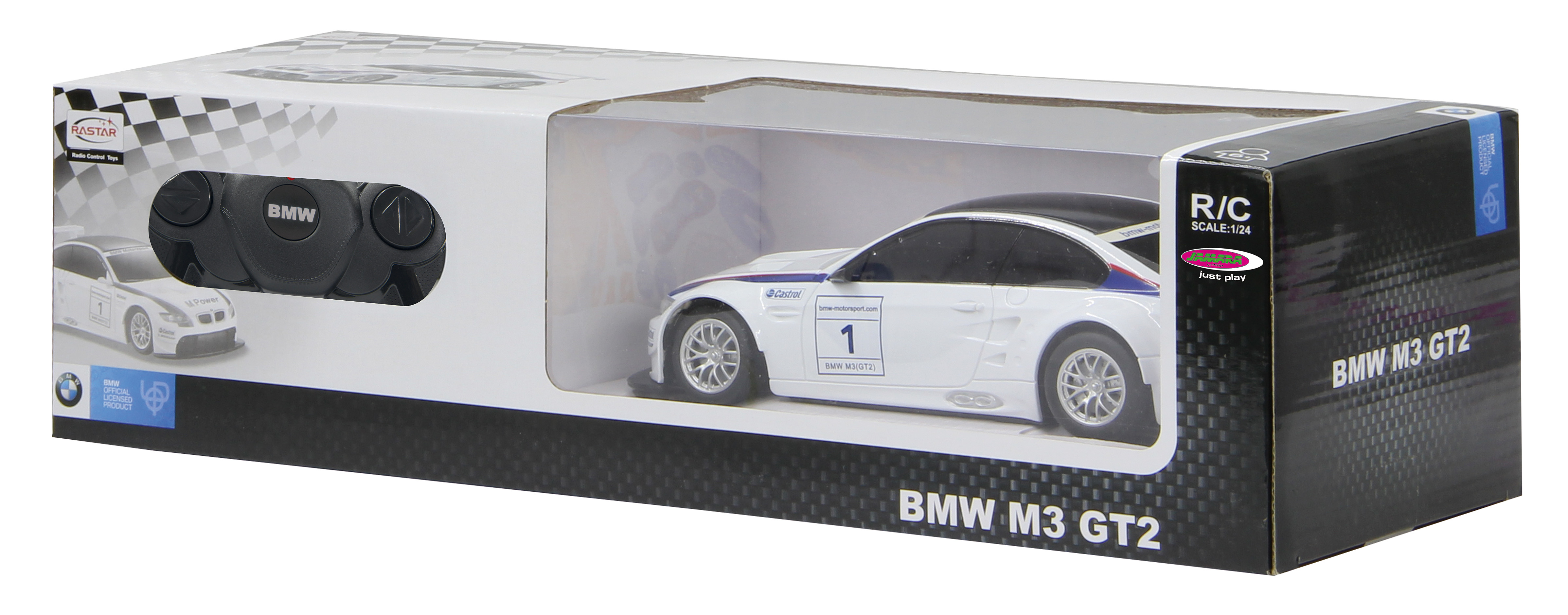 Zabawkowy samochód wyścigowy w pudełku, logo BMW, białe tło.