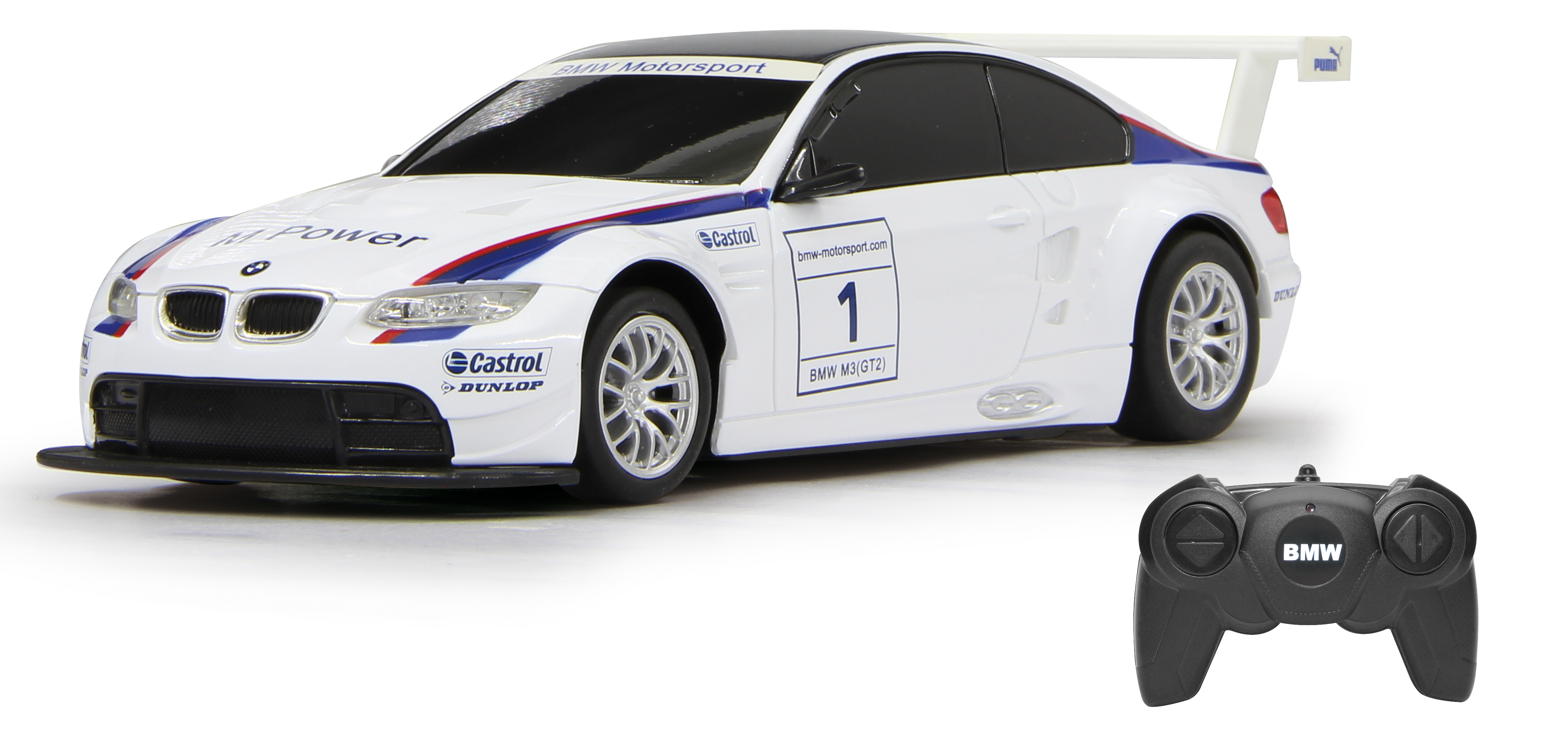 Biało-niebieski samochodzik wyścigowy z pilotem.