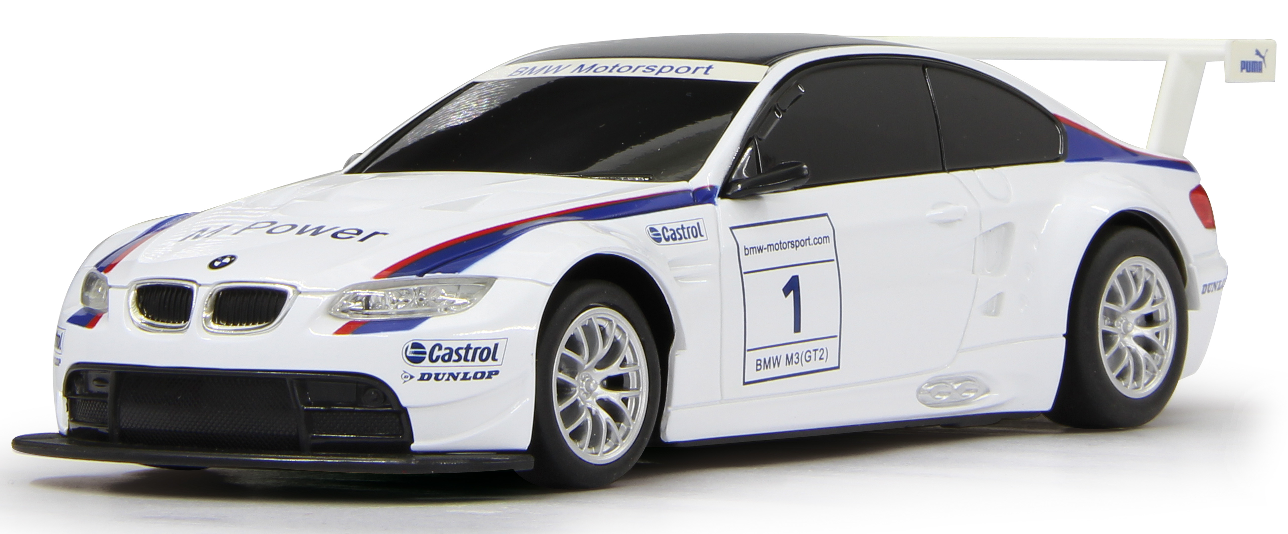 Biały samochód wyścigowy BMW, czarny dach, niebieskie i czerwone paski, logo Puma i białe tło.