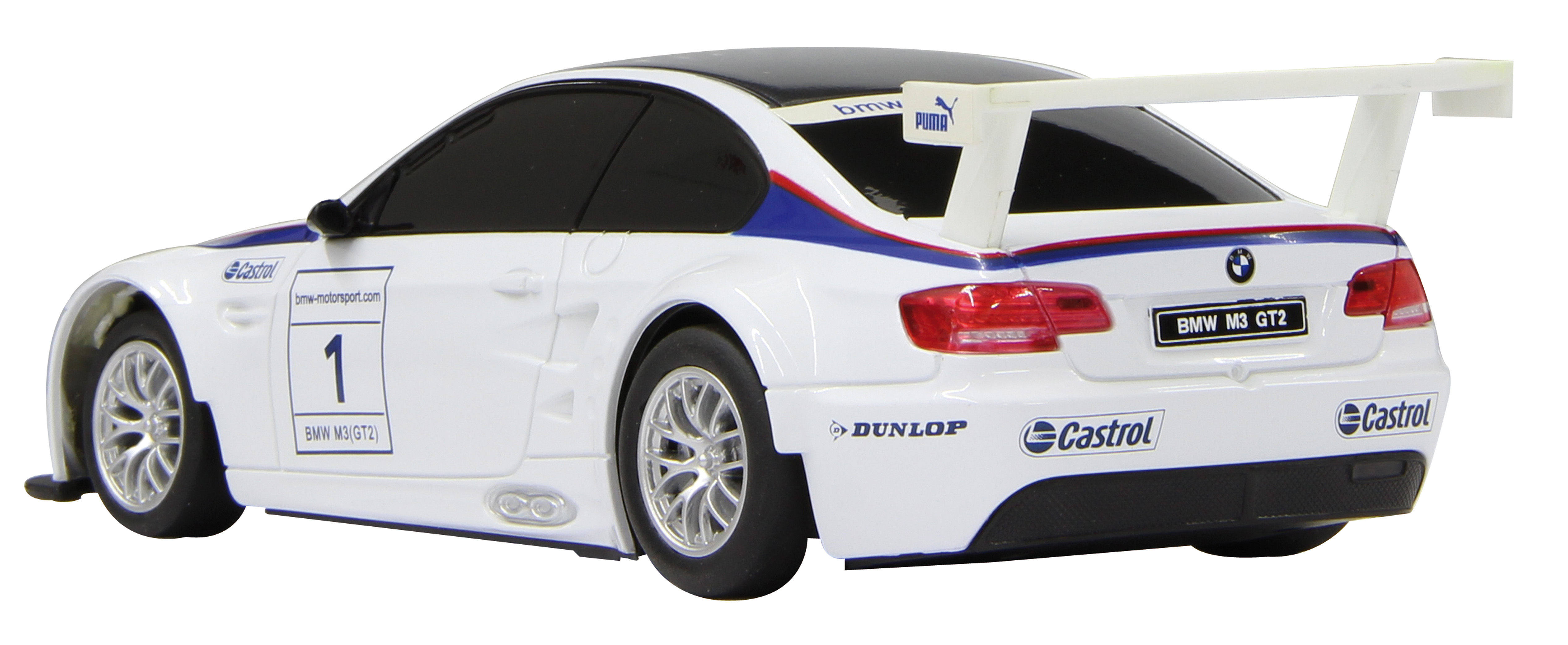 Biało-niebieski samochodzik wyścigowy, białe tło.