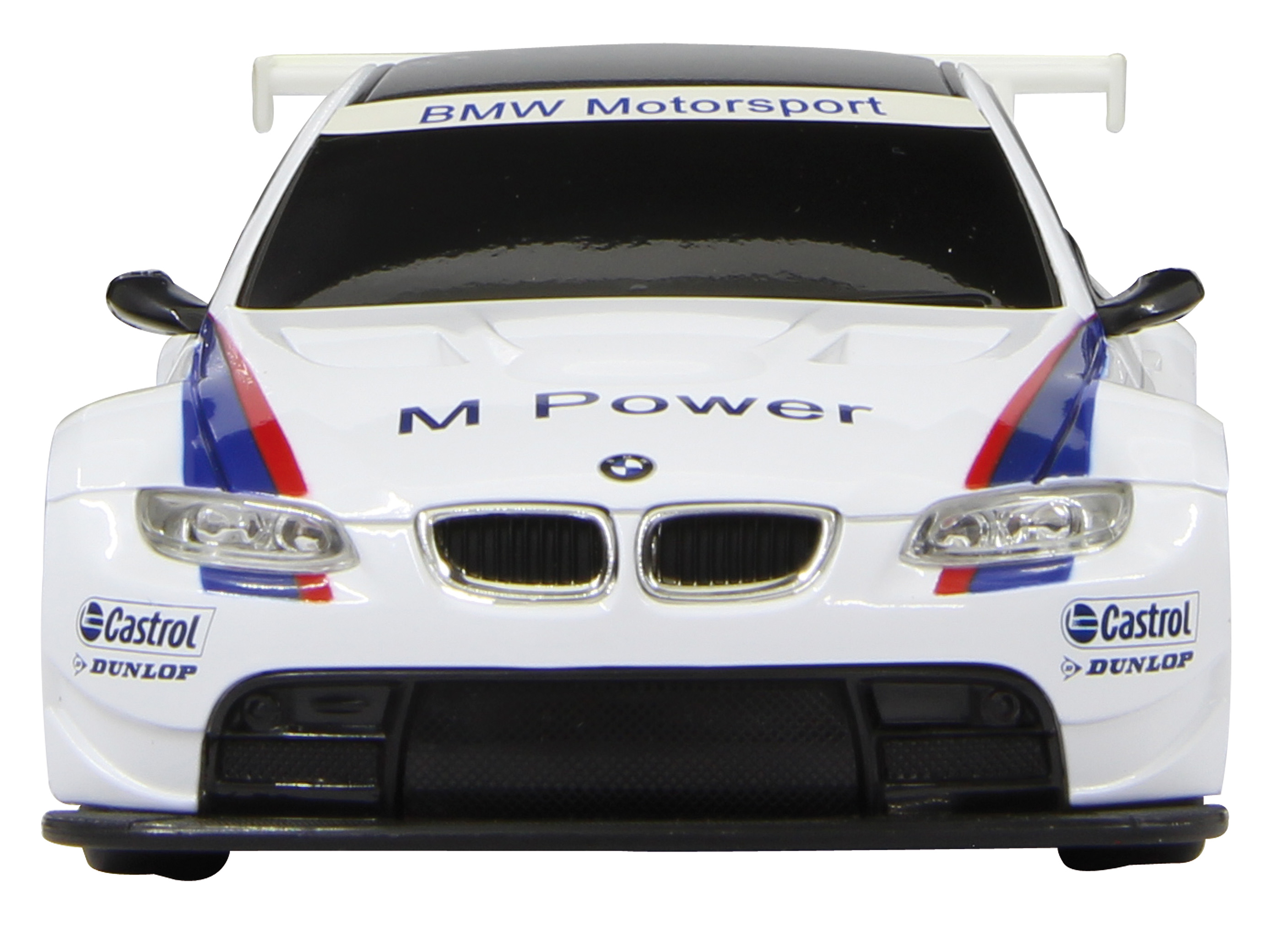 Biały samochód wyścigowy BMW z niebieskimi i czerwonymi paskami. Widoczne 'BMW Motorsport' i 'M Power'.