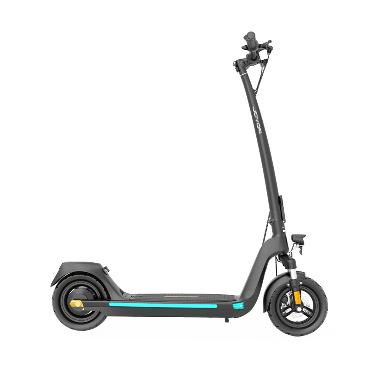 Czarna hulajnoga elektryczna, JOYOR, z niebieskim paskiem i białym tłem.
