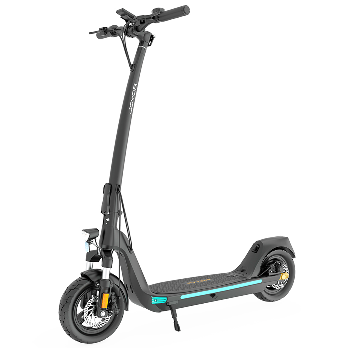 Czarna hulajnoga elektryczna, widok z boku. 'JOYOR' jest na ramie. Hulajnoga ma siedzenie i reflektory.