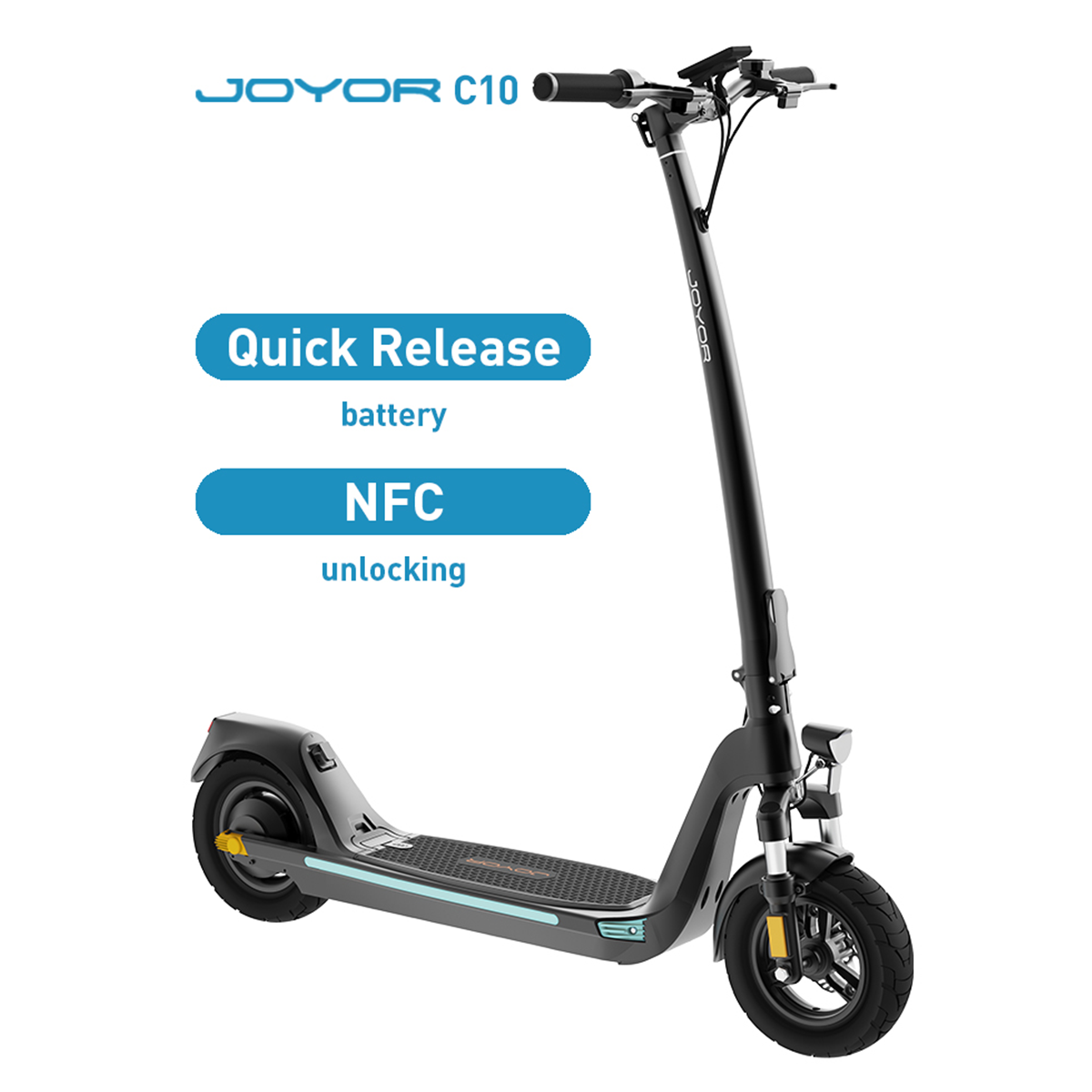 Czarna hulajnoga elektryczna z etykietami tekstowymi. 'JOYOR C10' jest na ramie. Bateria szybkiego uwalniania i odblokowywanie NFC.