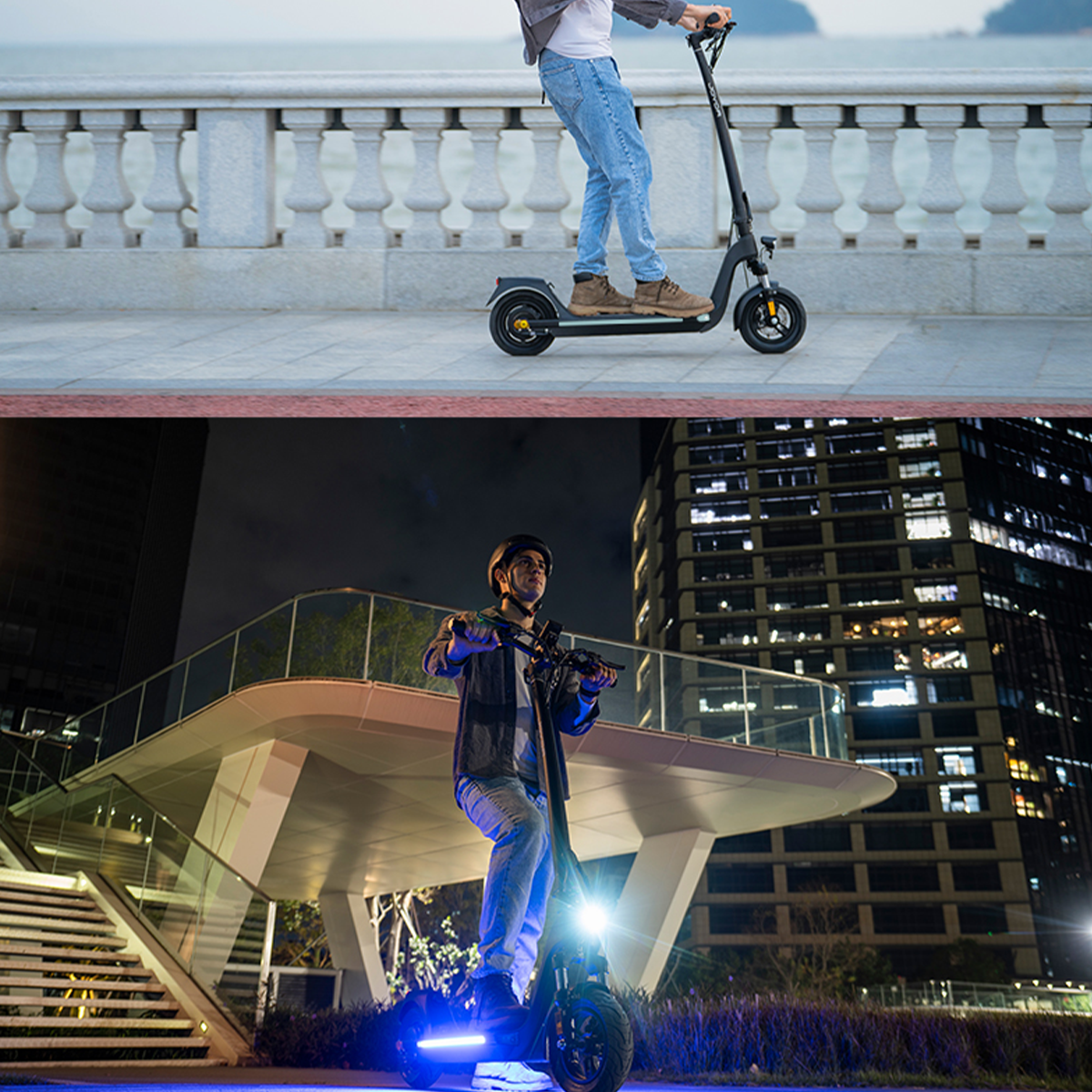 Dwa obrazy. Osoba jadąca na hulajnodze w dzień i w nocy. Budynki i światła w tle.