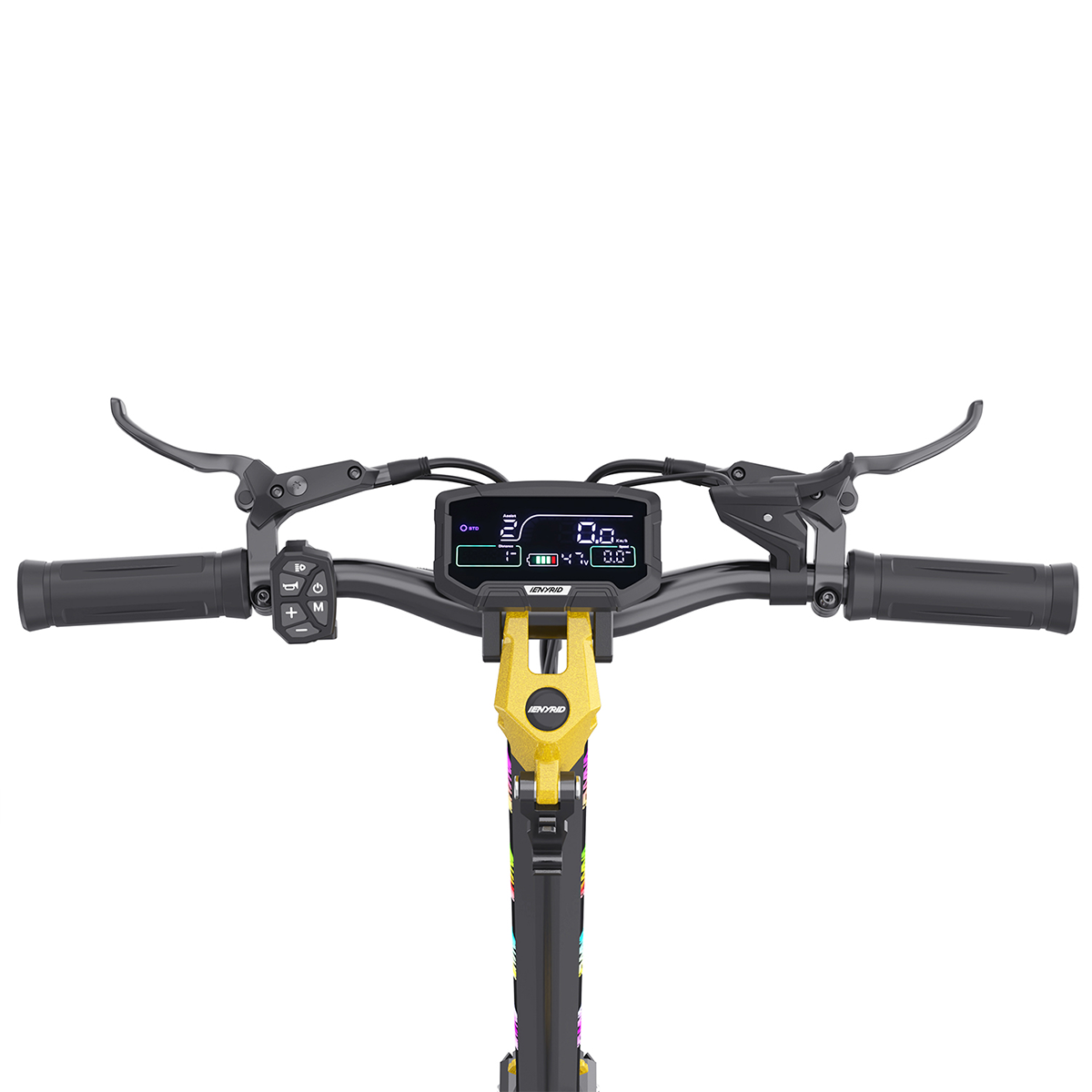 Zbliżenie kierownicy hulajnogi elektrycznej, wyświetlające panel sterowania.