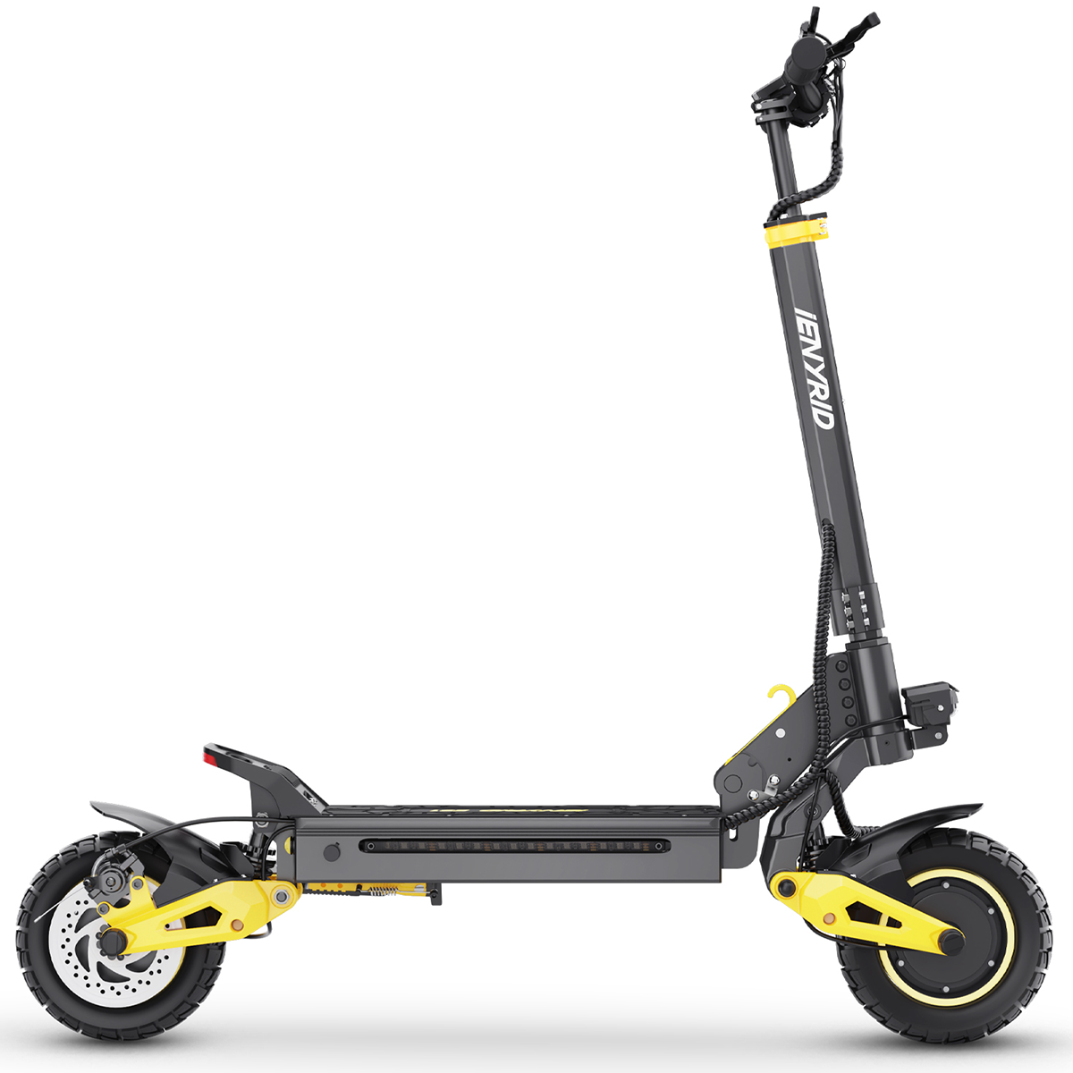 Hulajnoga elektryczna, widok z boku. Czarna i żółta, z wysoką kierownicą i dużymi oponami.
