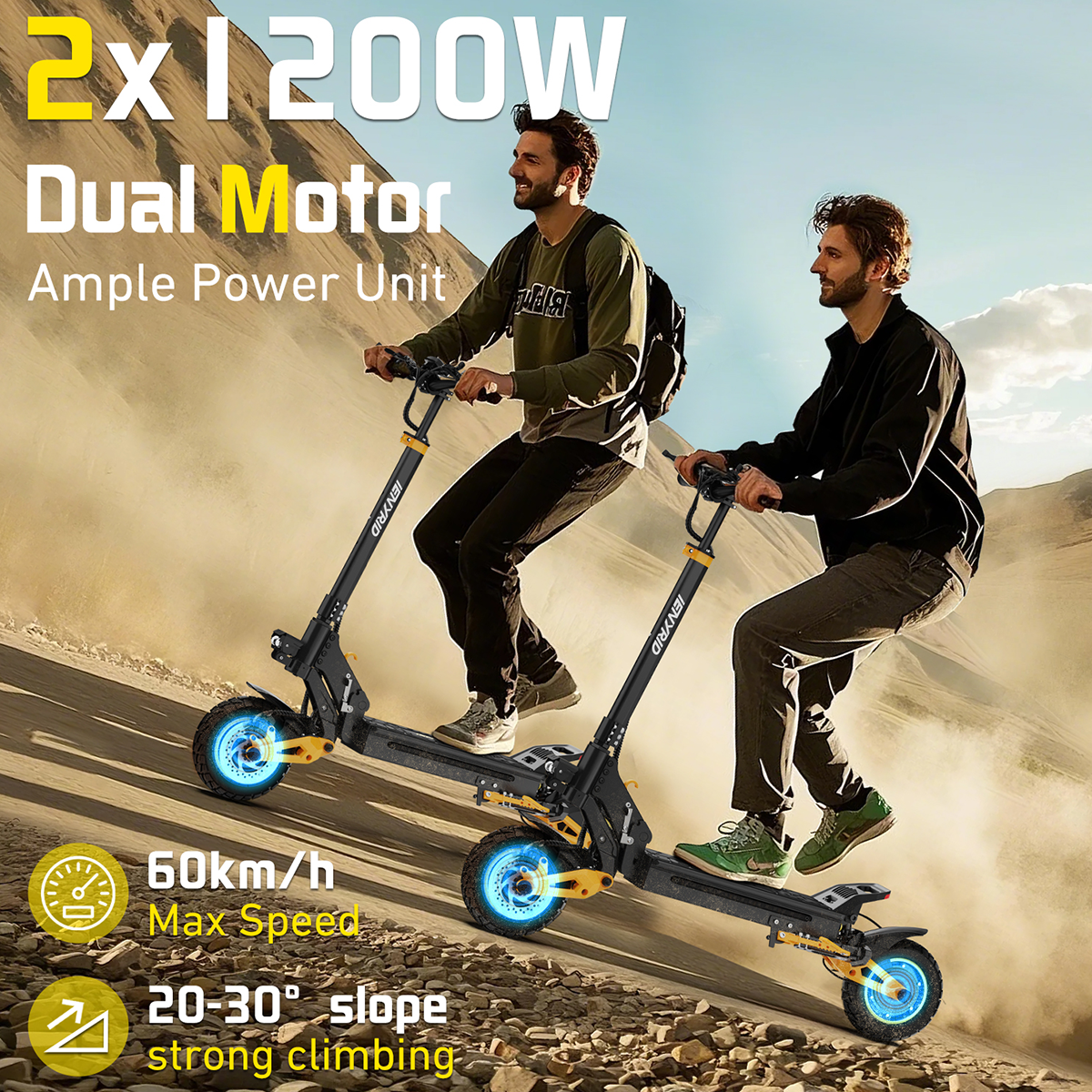 Dwie osoby jadące czarno-żółtymi skuterami elektrycznymi pod górę.