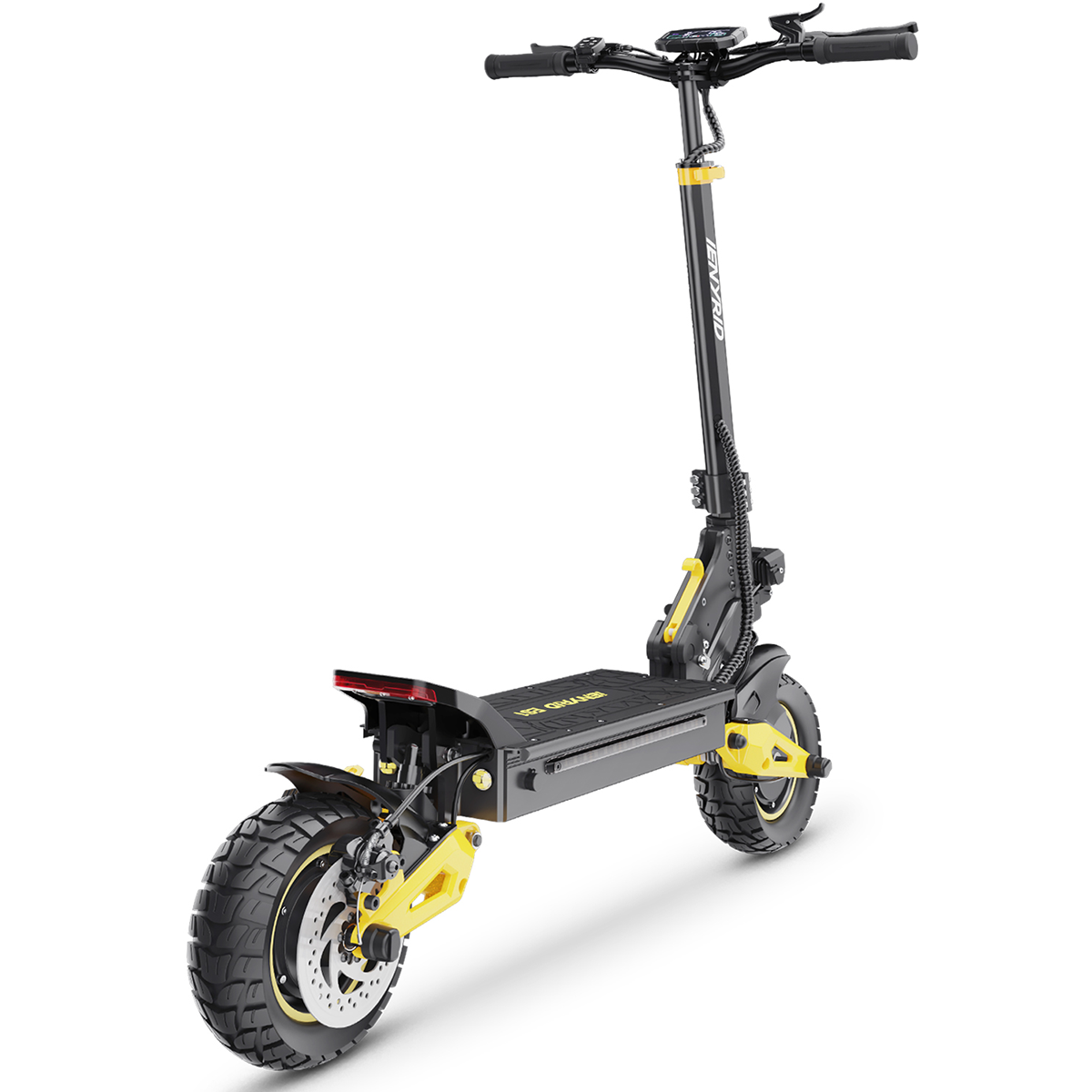 Czarno-żółta hulajnoga elektryczna na białym tle. Widok z tyłu. Duże koła i zawieszenie.