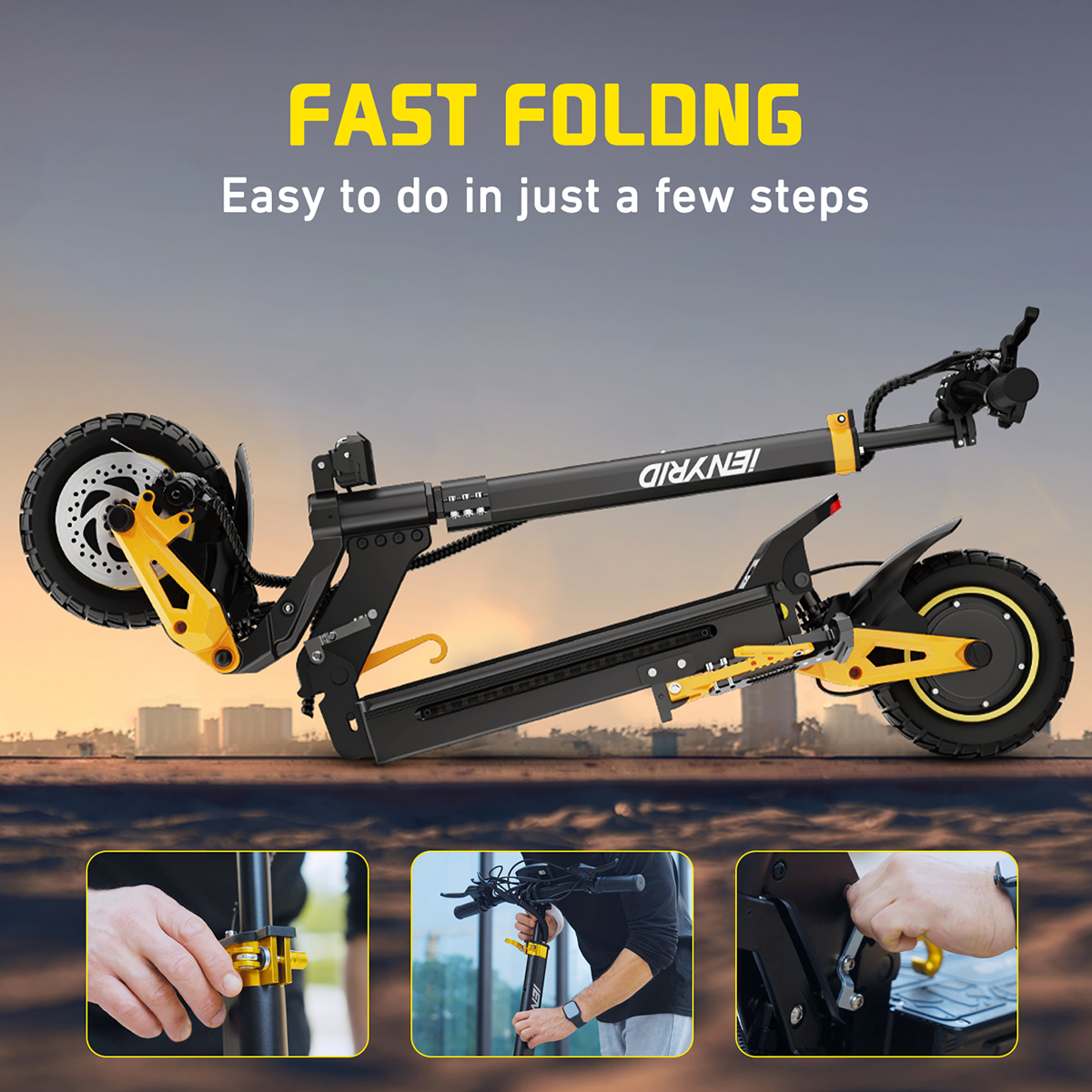 Hulajnoga elektryczna złożona, z wstawionymi zdjęciami pokazującymi proces składania. Tło zachodu słońca.