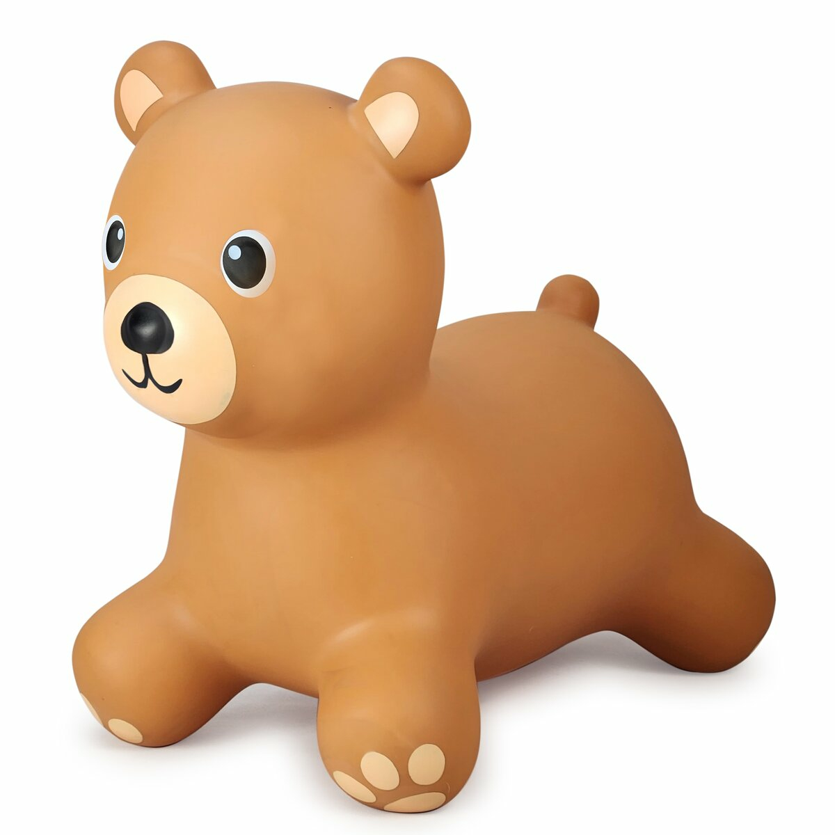 Un giocattolo gonfiabile a forma di orso marrone, visto di lato. Ha un viso sorridente e quattro zampe.