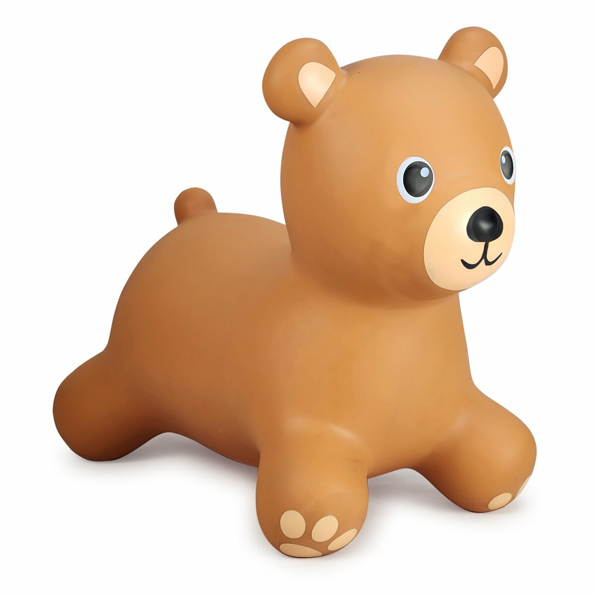 Un giocattolo gonfiabile a forma di orso marrone. Ha un viso sorridente ed è pronto a giocare.