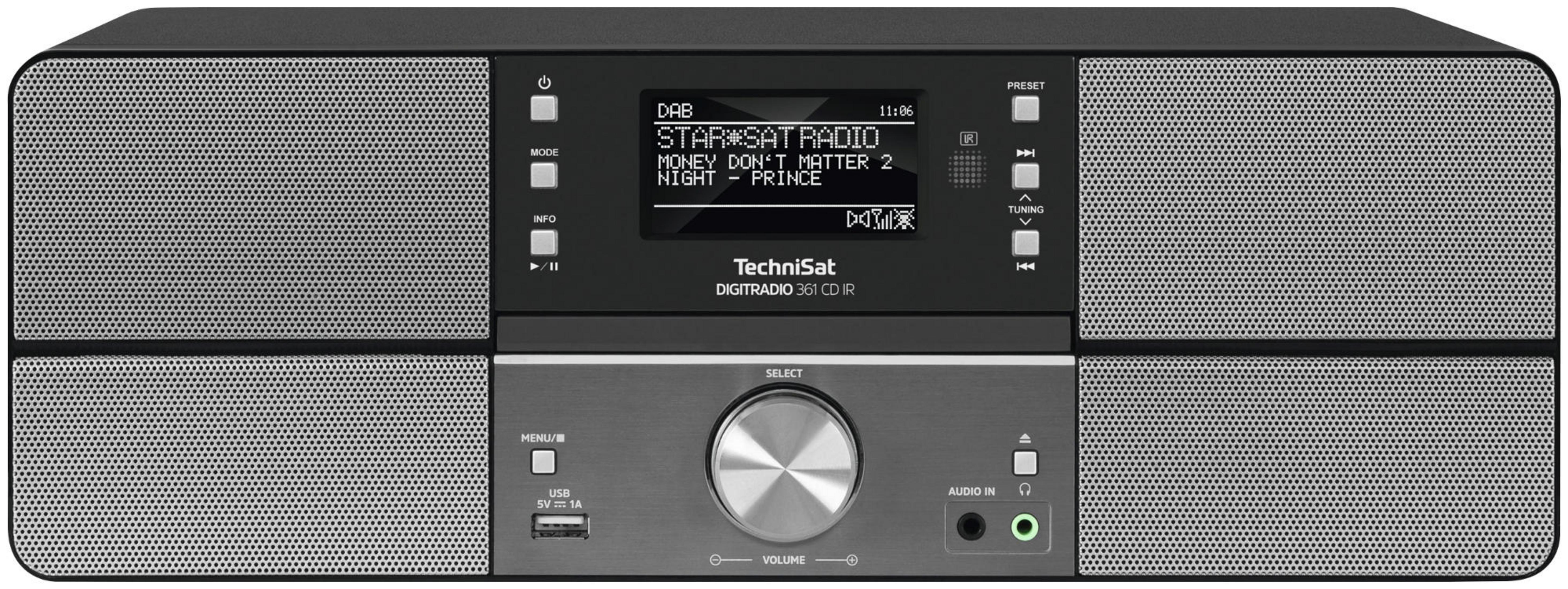 Schwarzes TechniSat-Radio mit Bildschirm, der Radiodaten anzeigt. Mit Knöpfen, Drehknopf und Lautsprechergittern.