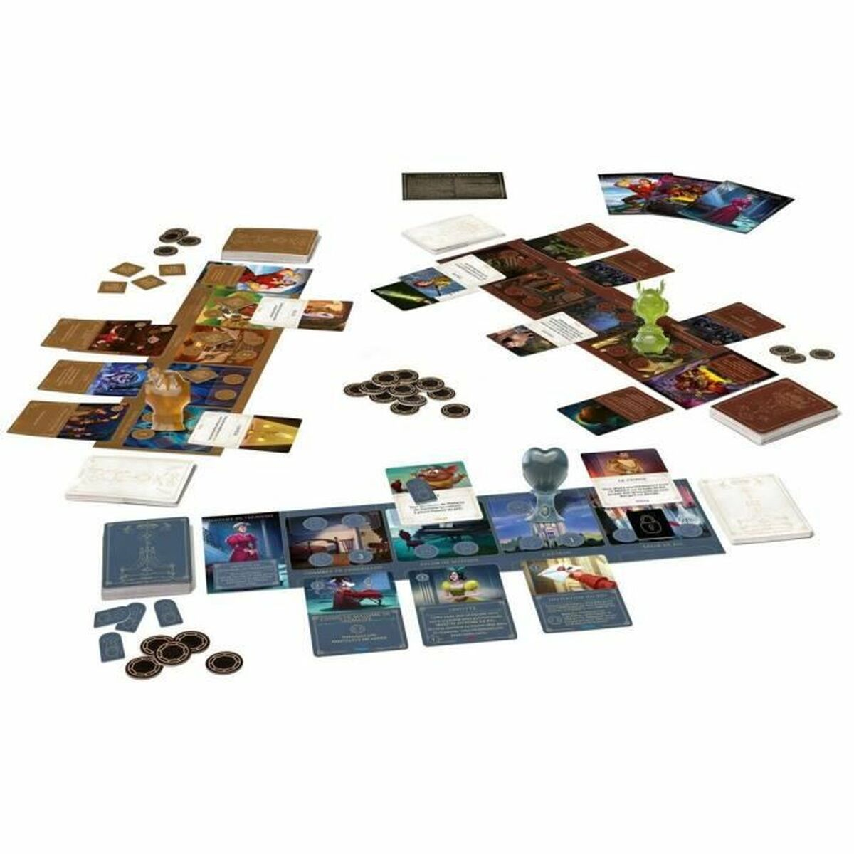 Disney Villainous bordspel in spel. Verschillende kaarten, tokens en spelborden zijn verspreid.