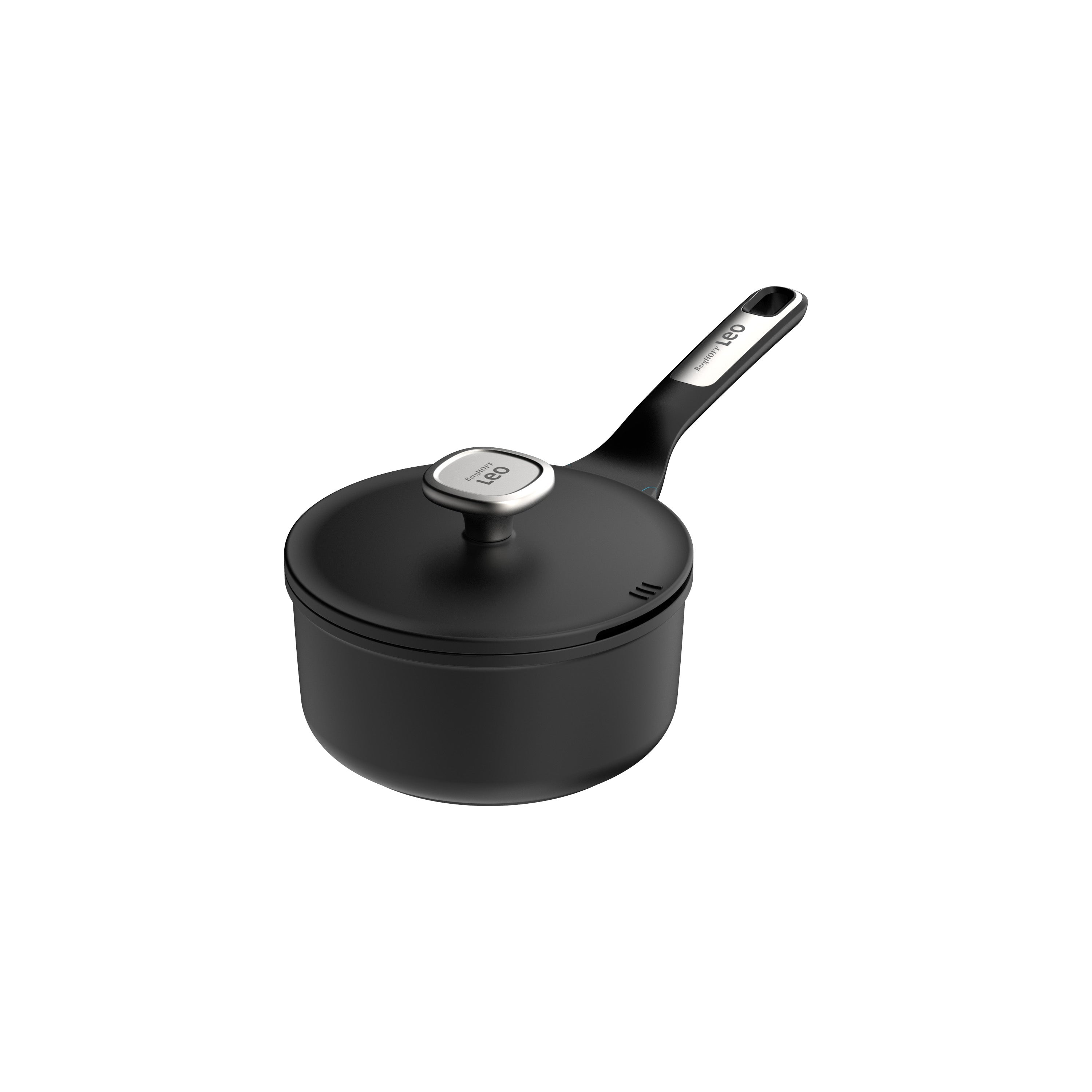 Black saucepan with a lid and handle.
