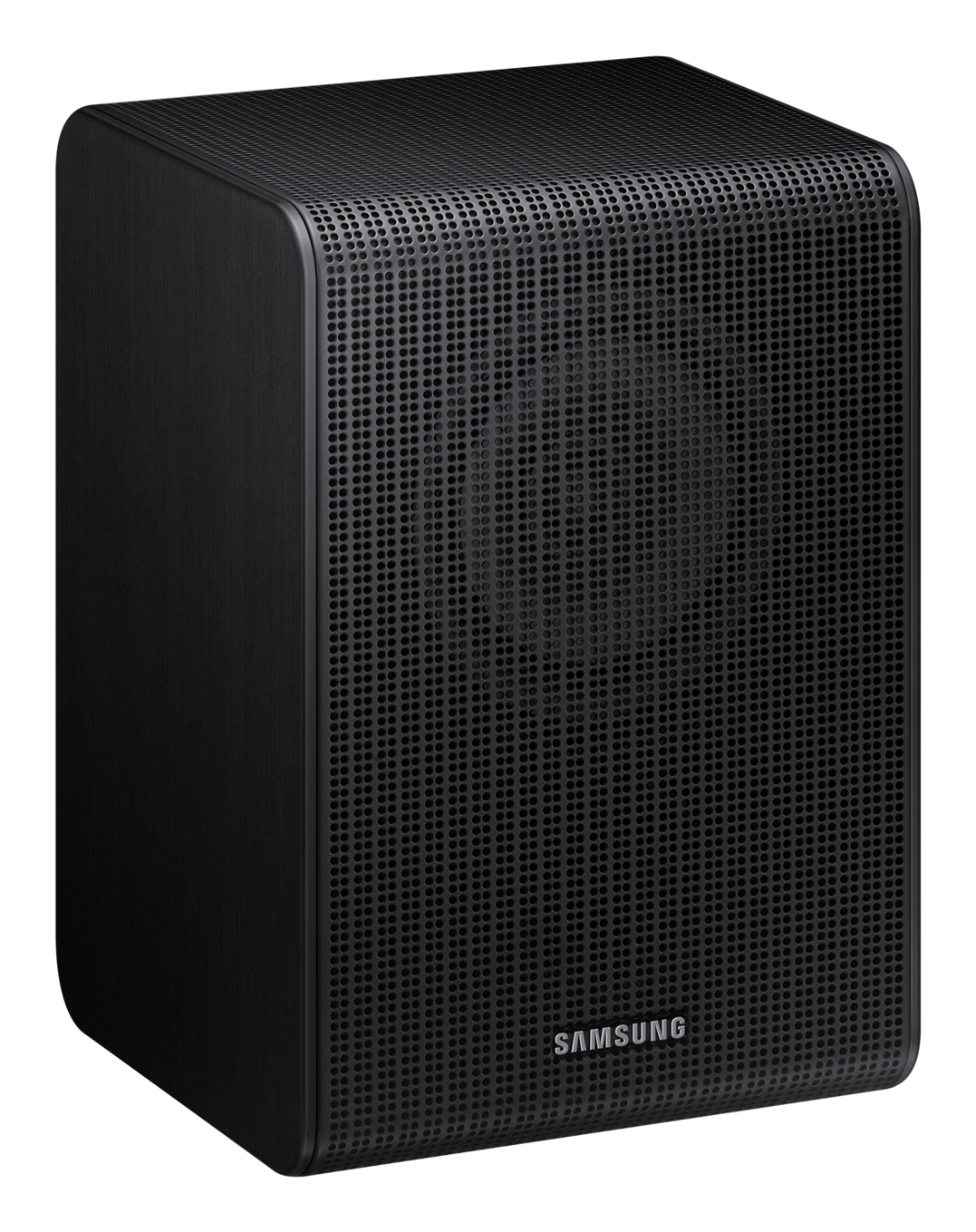 Czarny prostokątny głośnik z perforowanym panelem przednim, logo Samsung.