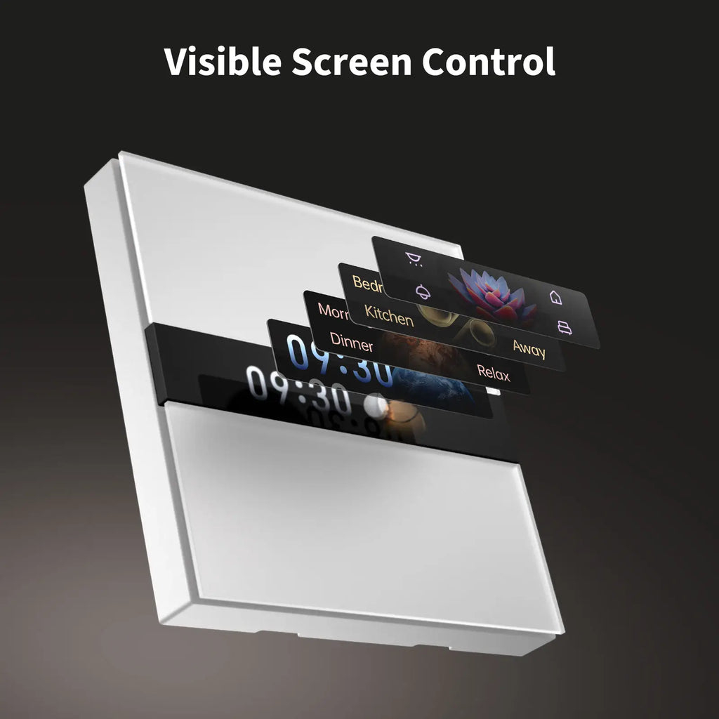 Biały panel smart home wyświetla czas i funkcje pokoju. Czarne tło.