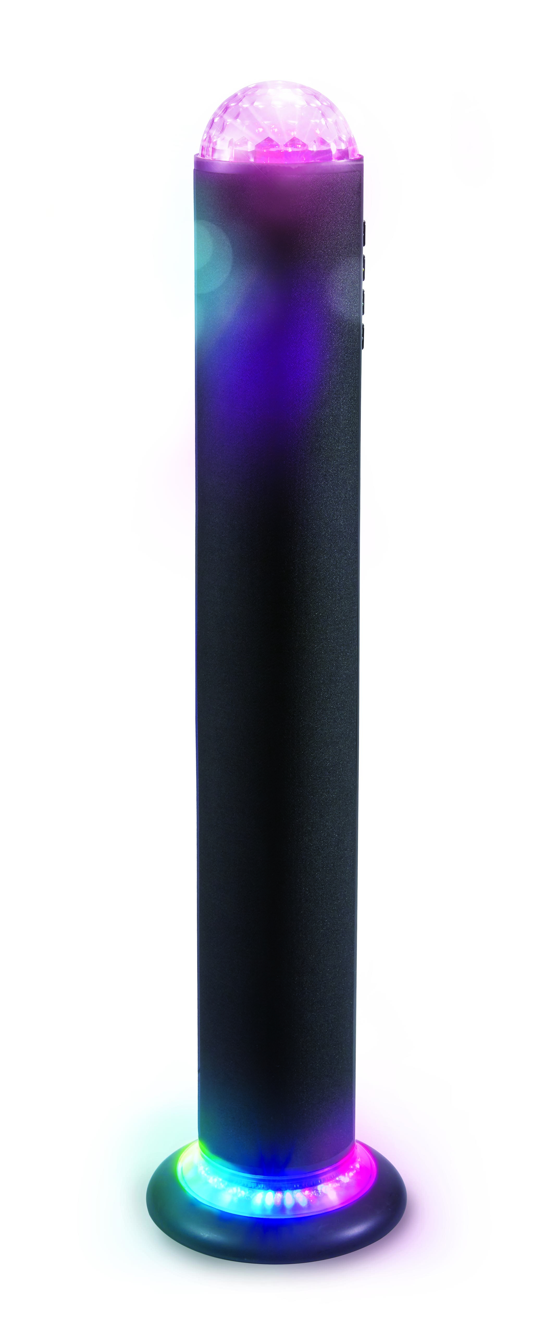Eine schwarze Lautsprechersäule mit einer Discokugel oben drauf. Sie steht hoch auf weißem Hintergrund.