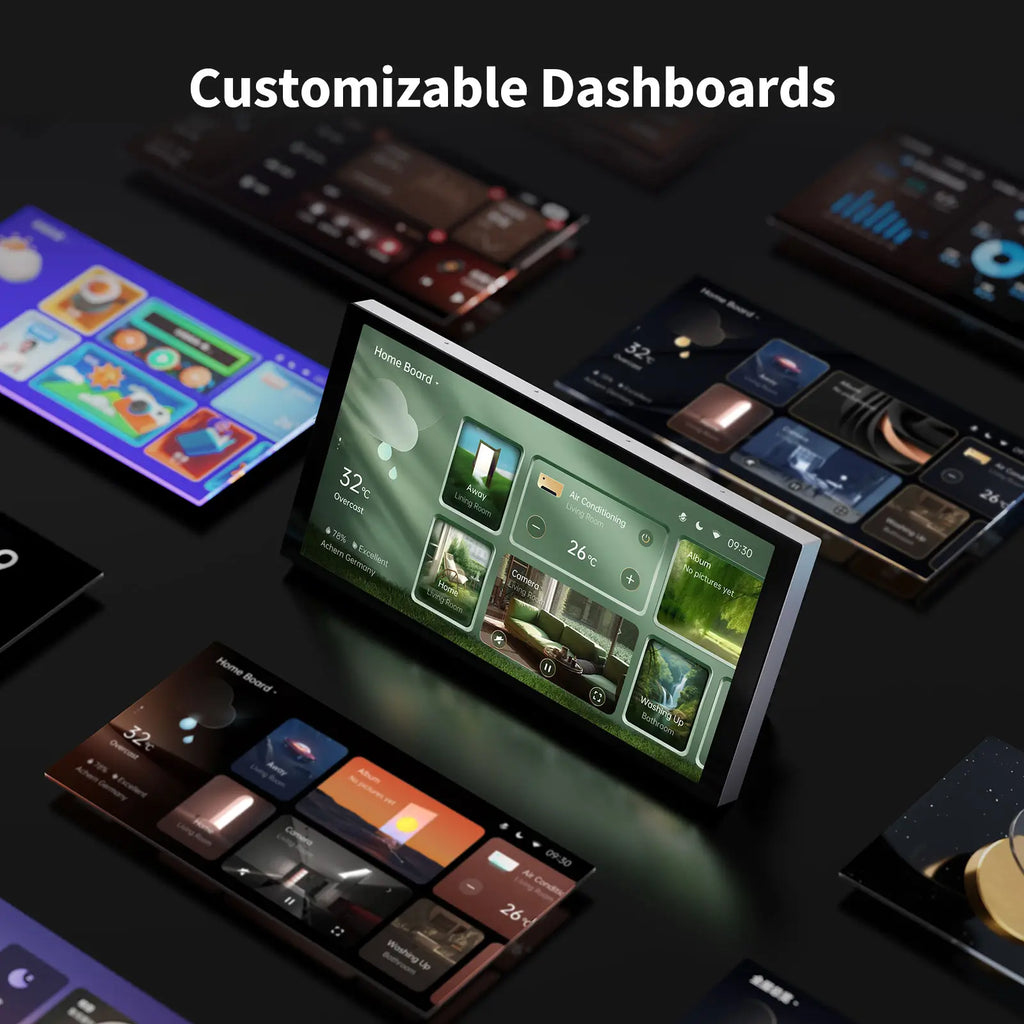 Wiele paneli domowych smart home wyświetlanych na różnych ekranach, pokazujących różne interfejsy i dane.