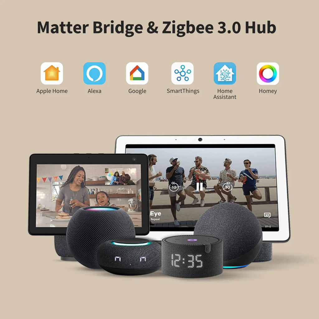 Obraz przedstawia kilka urządzeń smart home z logo Apple, Alexa, Google, SmartThings, Home Assistant i Homey.