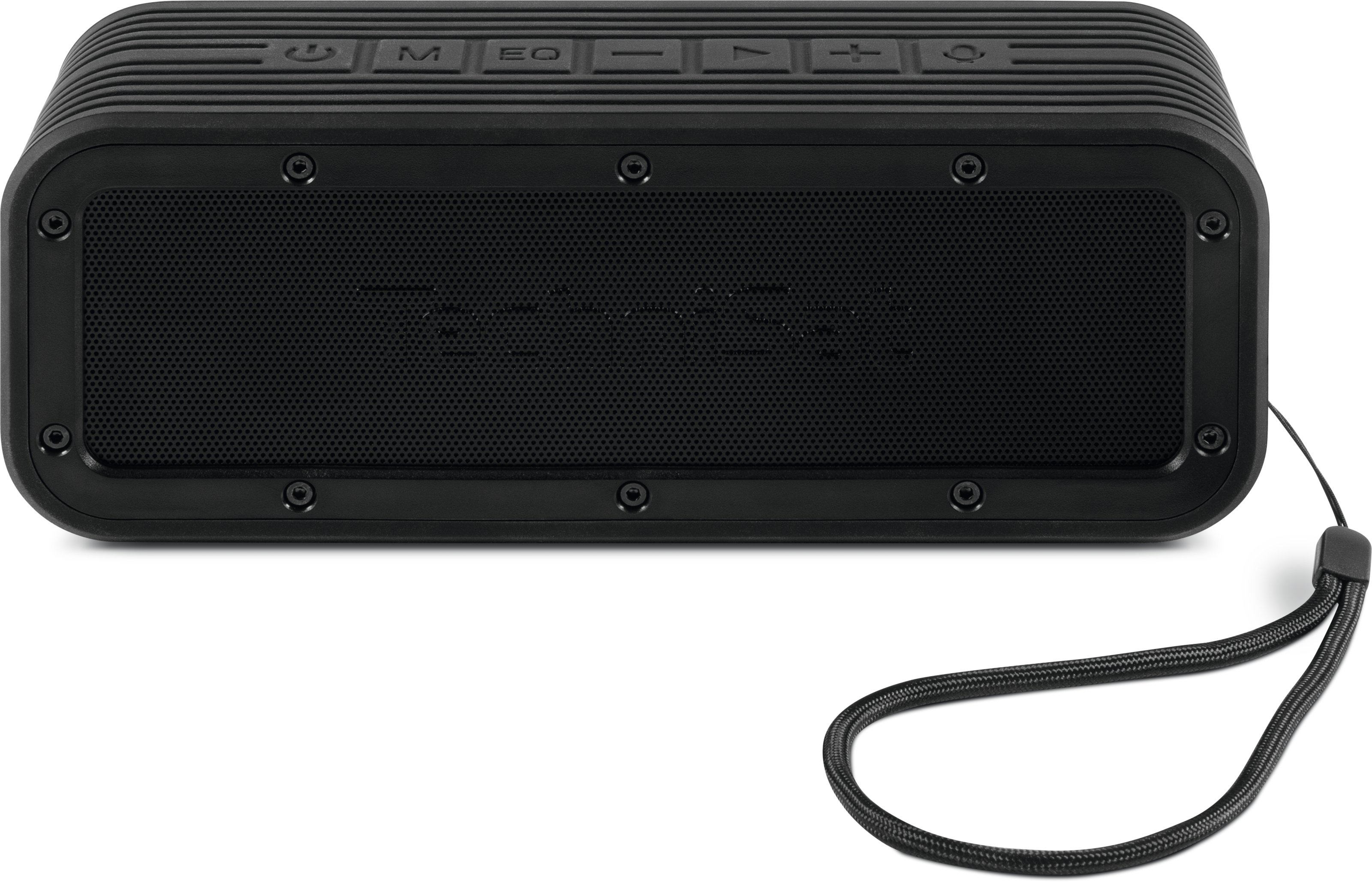 Czarny głośnik z przyciskami na górze, uchwytem i czarnym paskiem z boku, białe tło.