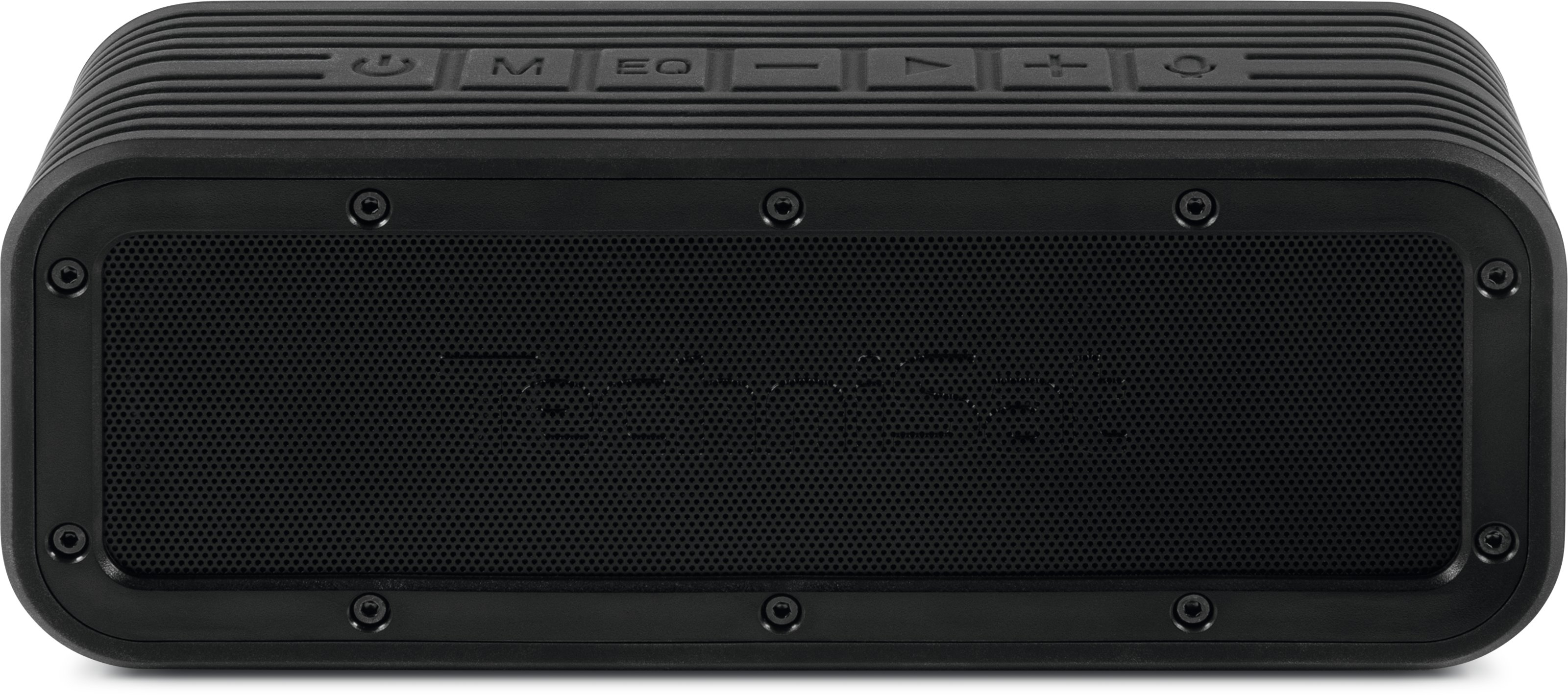 Czarny, prostokątny, wytrzymały głośnik z przyciskami na górze i perforowanym panelem.