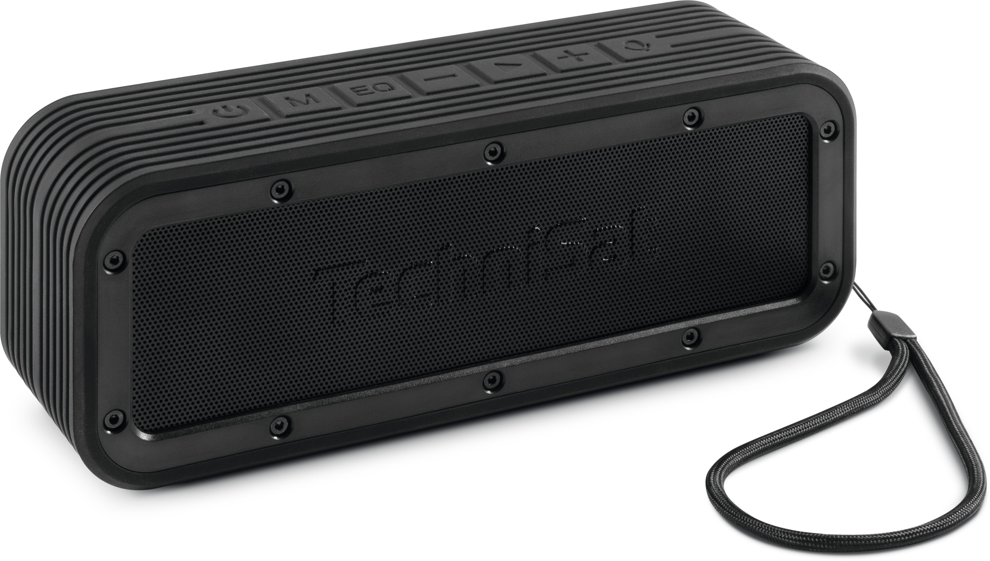 Czarny głośnik z przyciskami na górze, uchwytem i czarnym paskiem z boku, białe tło.