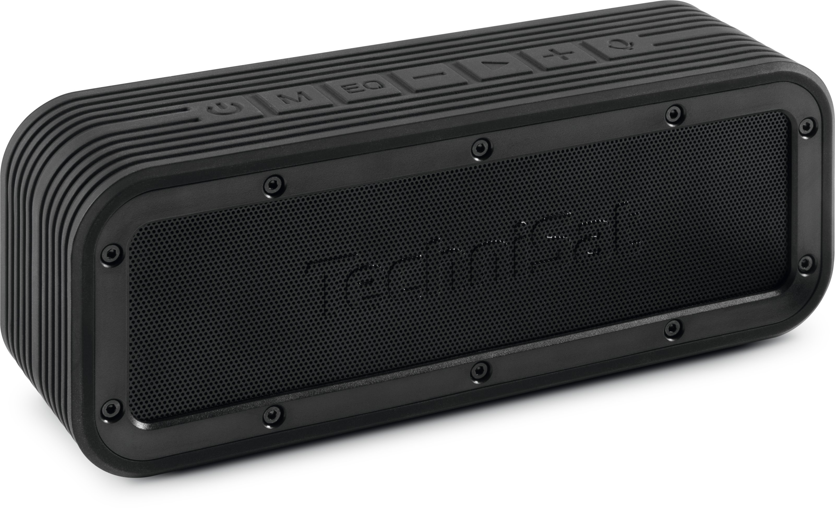 Czarny wodoodporny głośnik. Prostokątny kształt, czarna siatka, przyciski na górze.