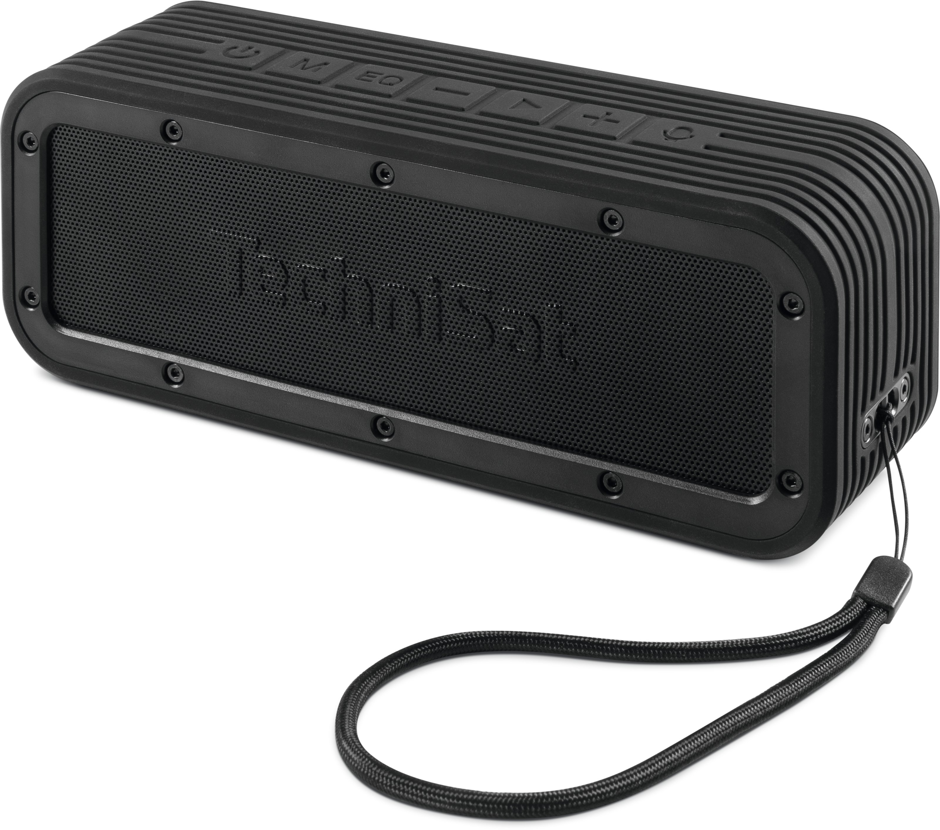 Czarny, wytrzymały, prostokątny głośnik z logo TechniSat i paskiem.