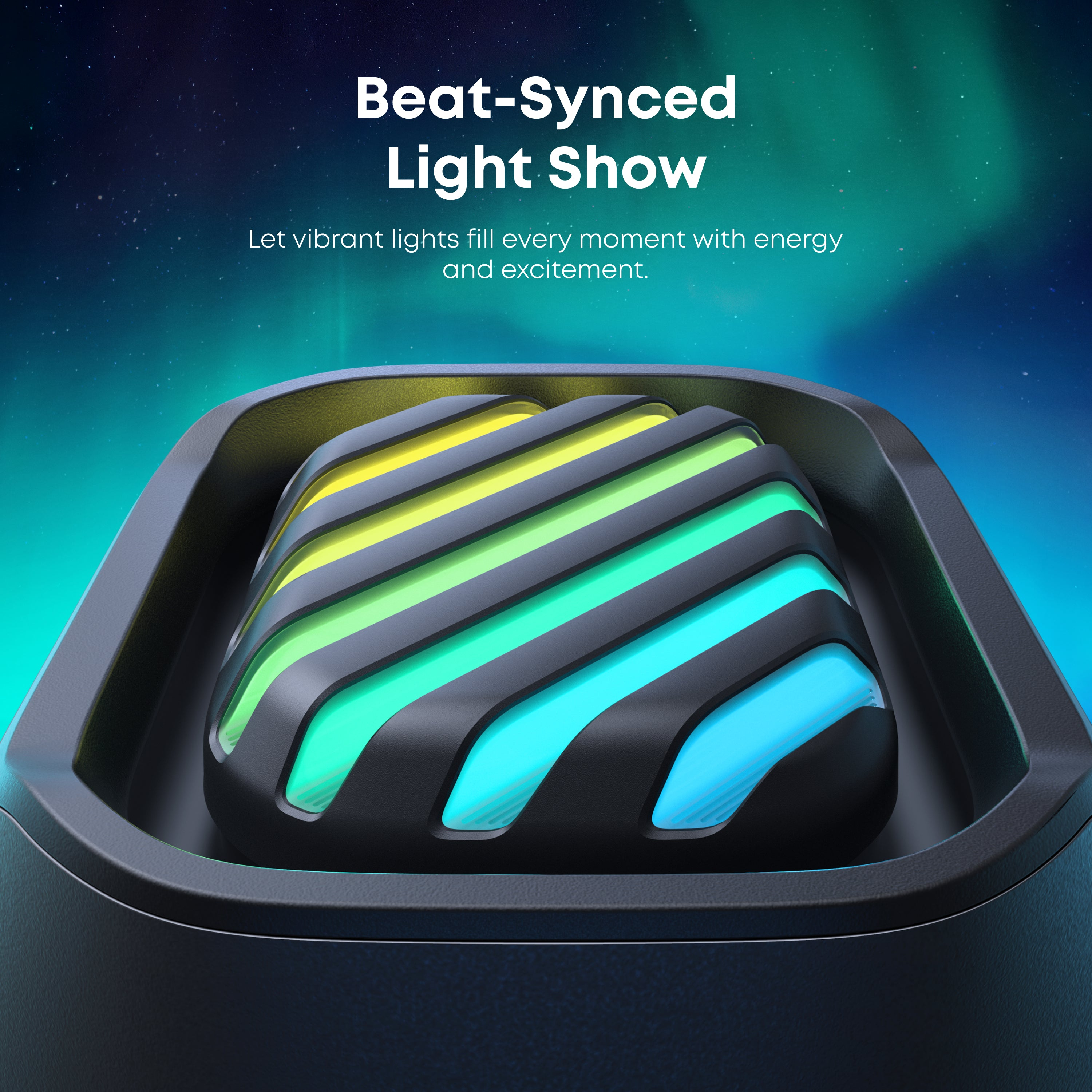 Zbliżenie czarnego głośnika z kolorowymi paskami świetlnymi. Ciemne tło. Nakładka tekstowa: Beat-Synced Light Show.