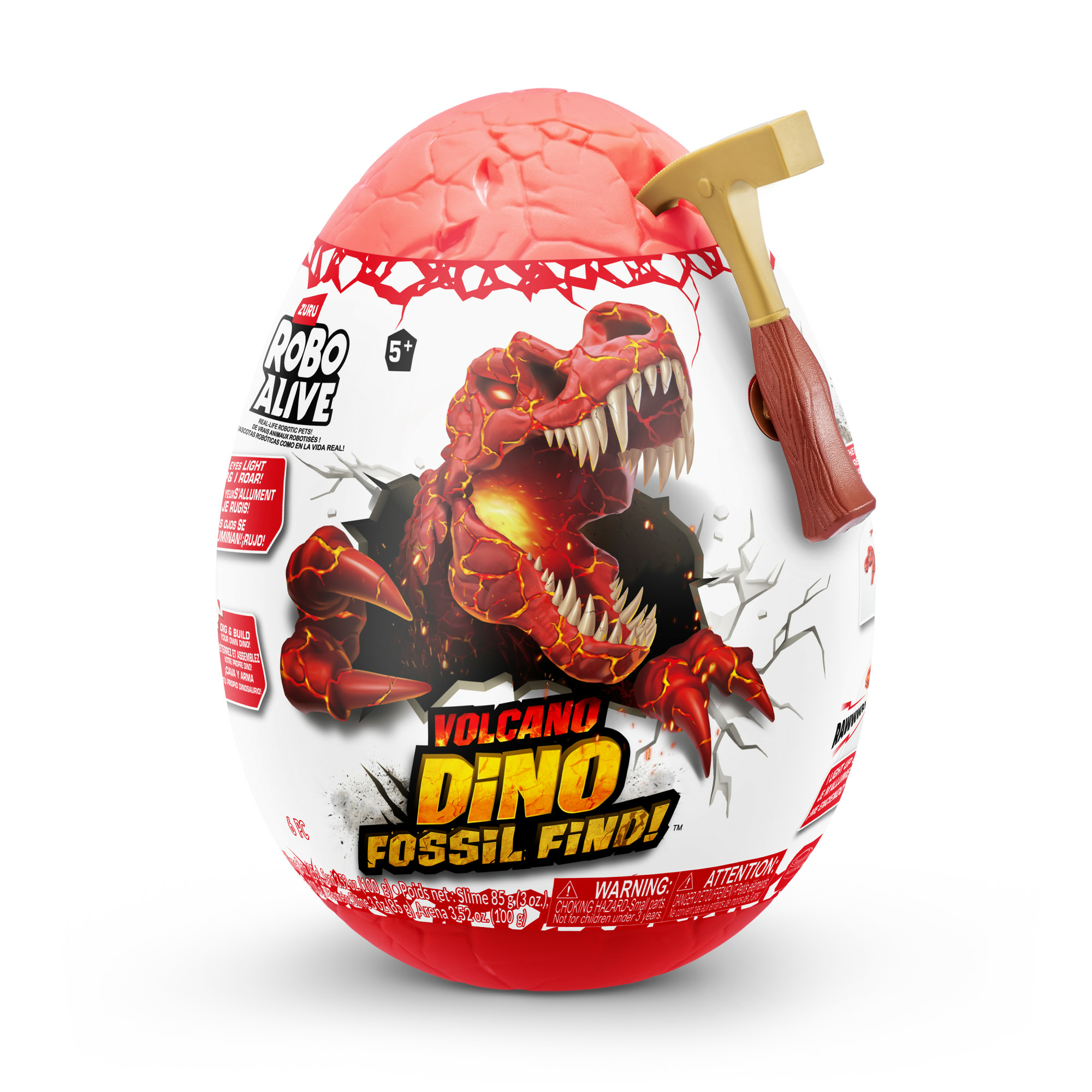 Huevo de juguete, tapa de lava roja, Dino saliendo, martillo e instrucciones.