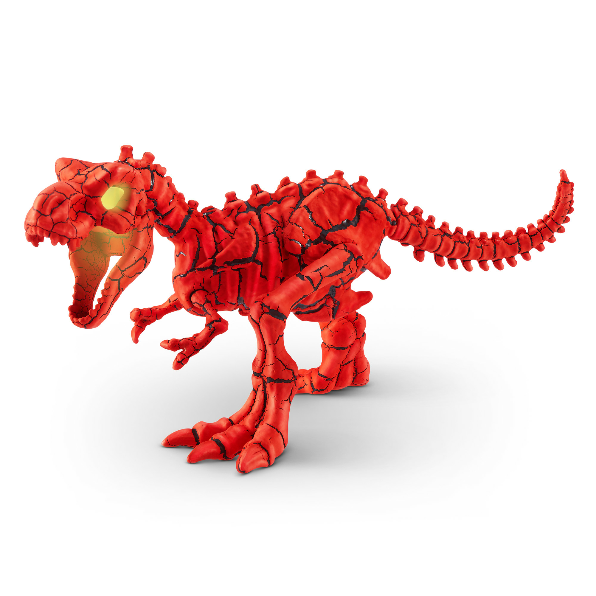 Dinosaurio de juguete rojo con líneas negras. Ojos brillantes y fondo blanco.