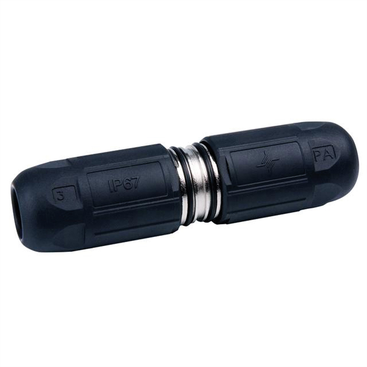Connettore nero impermeabile IP67 con anello argentato, su sfondo bianco.