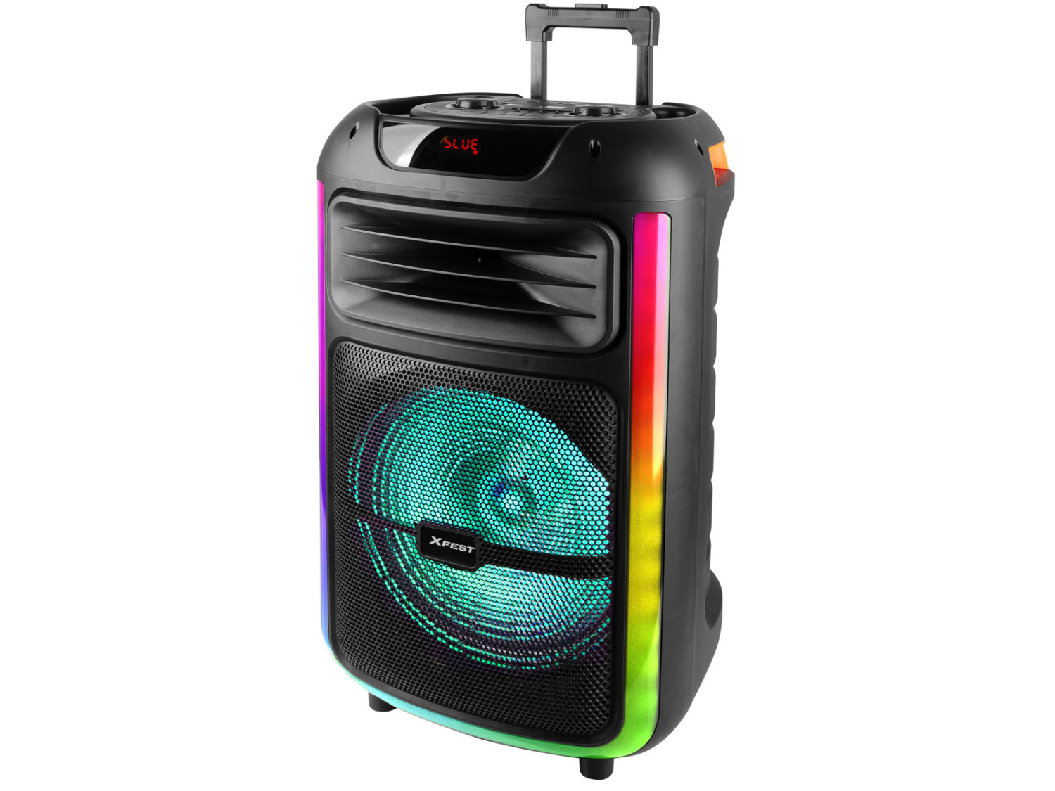 Altoparlante nero con luci colorate. Ha uno schermo, una maniglia e il logo XFEST.