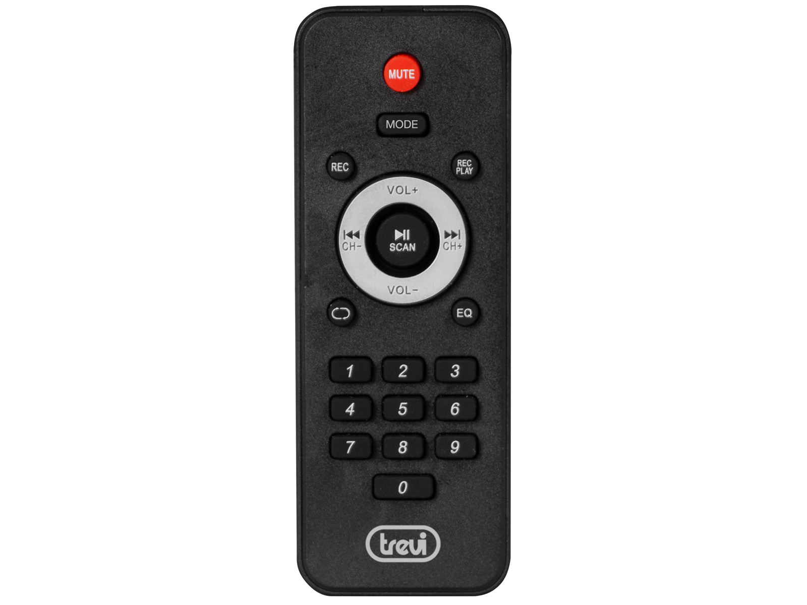 Telecomando nero con molti pulsanti. Ha un pulsante muto e controlli del volume.