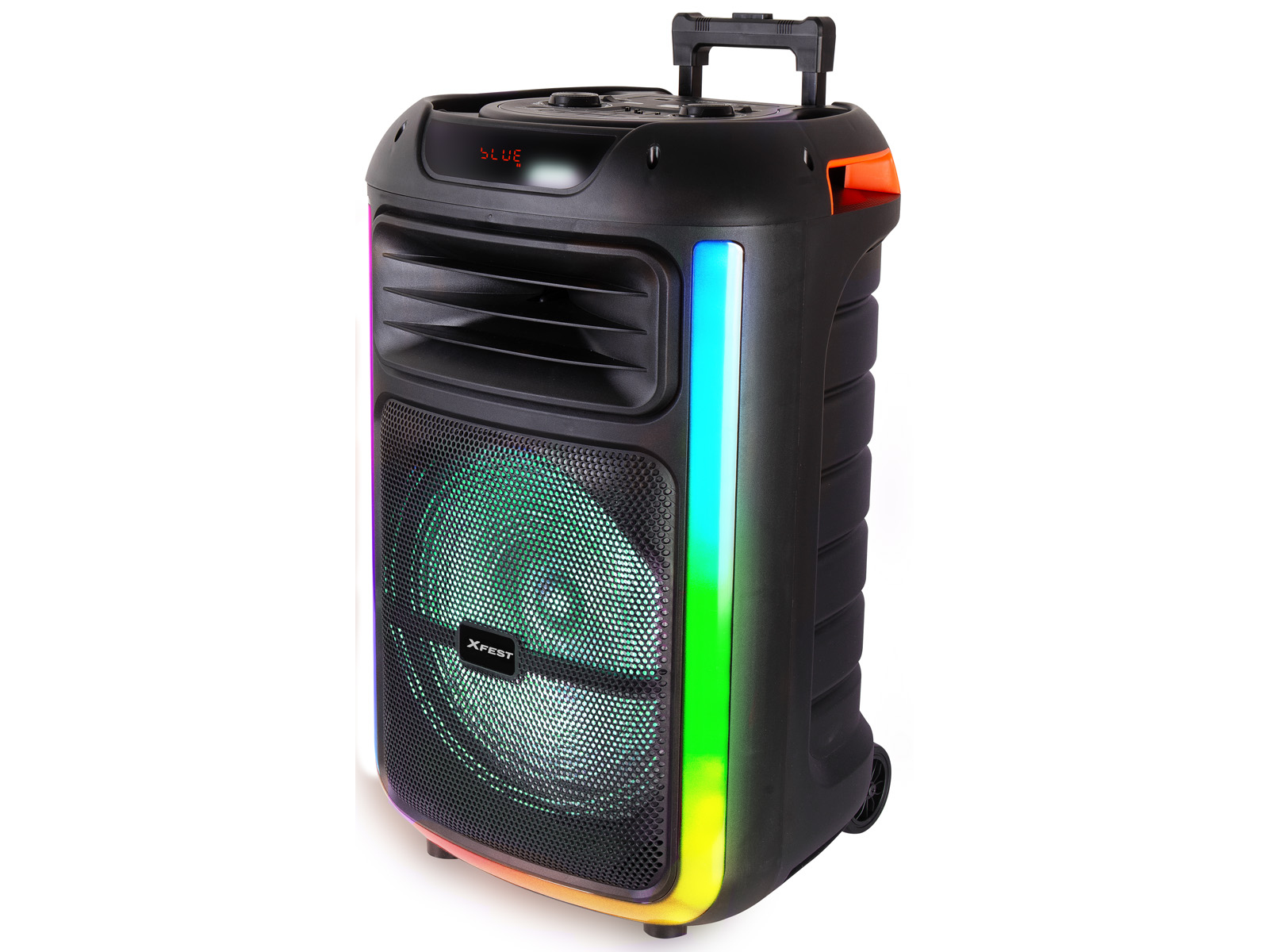 Altoparlante nero con luci colorate. Ha uno schermo, una maniglia, ruote e il logo XFEST.