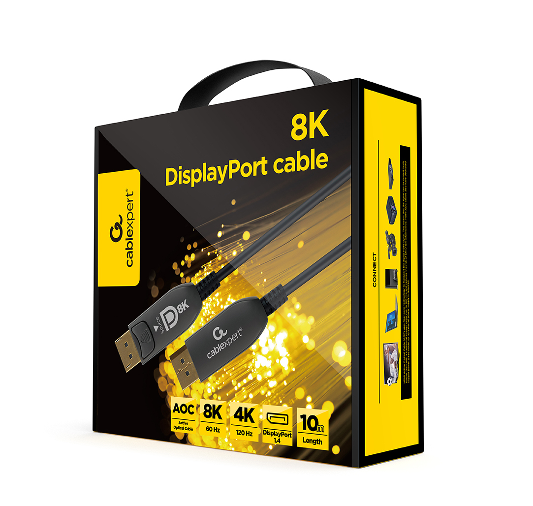 Czarno-żółte pudełko kabla DisplayPort 8K. Ma kabel i logo cableexpert.