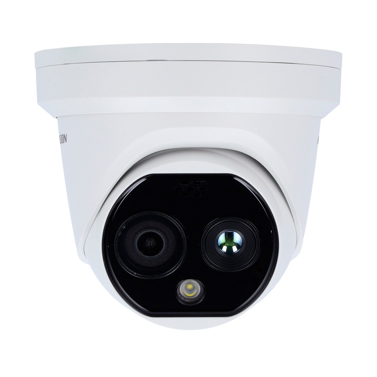 Witte dome-beveiligingscamera met zwarte lens. De camera heeft een witte achtergrond.