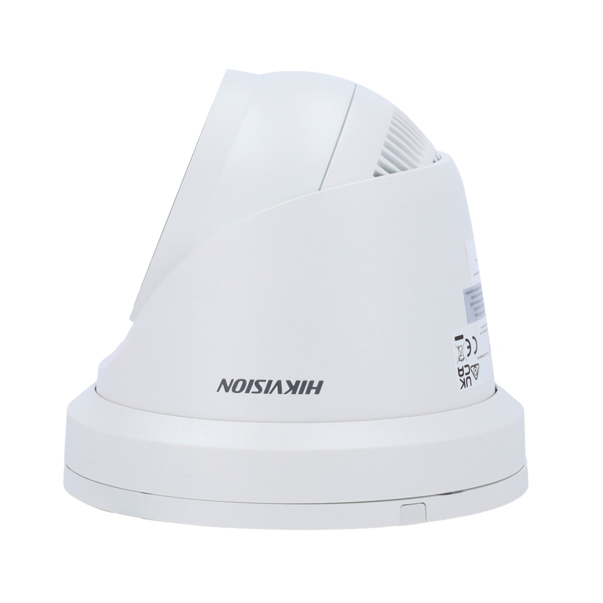 Witte beveiligingscamera met afgeronde bovenkant en basis, met de merknaam 'HIKVISION' zichtbaar.