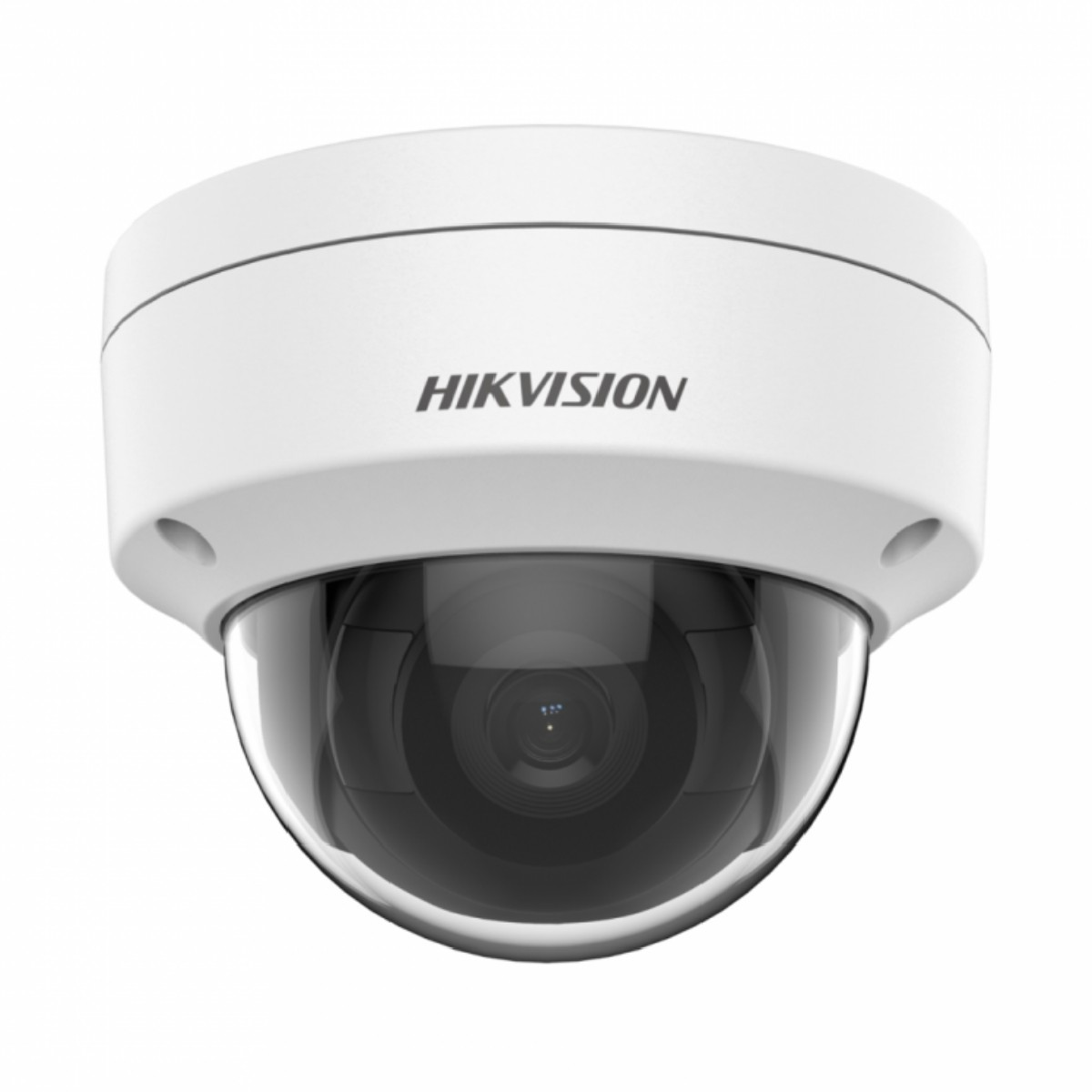 Una telecamera di sicurezza a cupola Hikvision bianca con una cupola trasparente e trasparente.