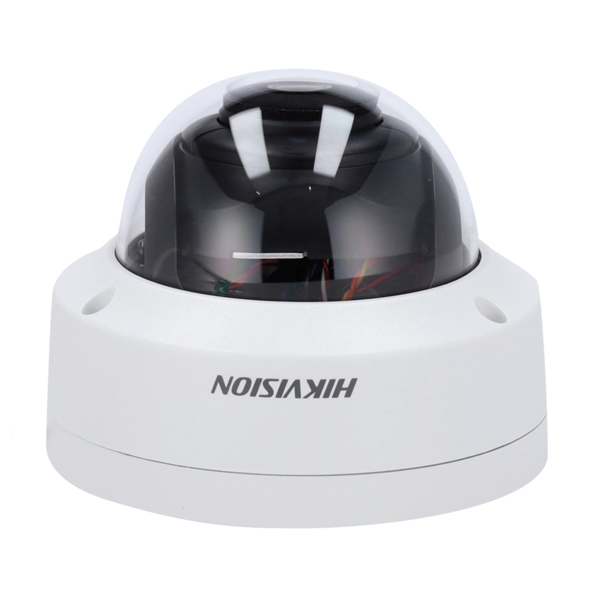 Una telecamera di sicurezza a cupola bianca con interno nero e la scritta HIKVISION.