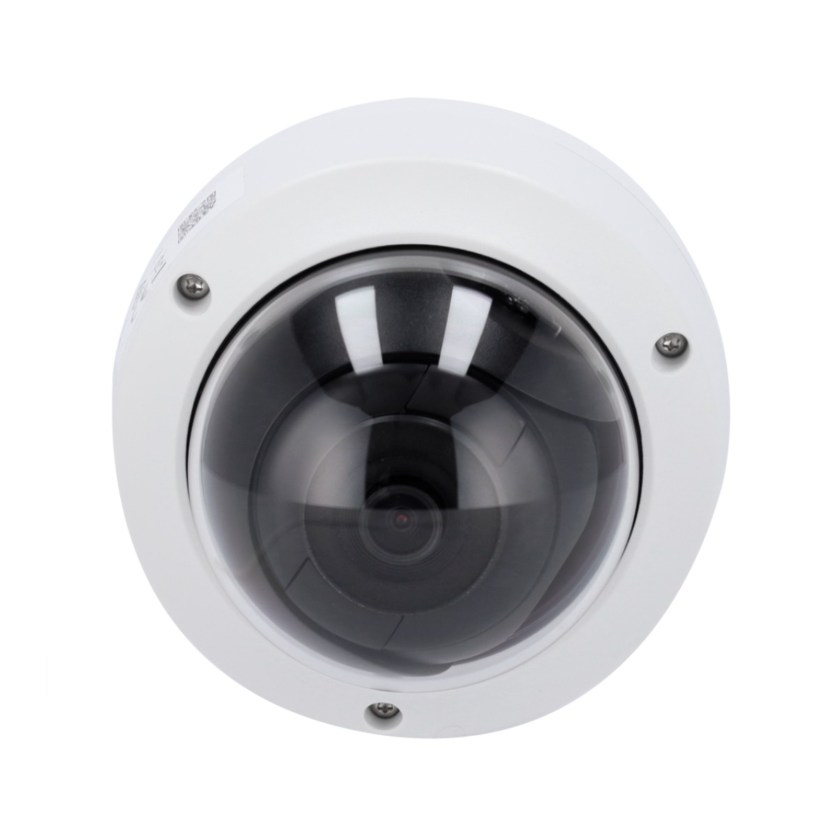 Una telecamera di sicurezza con base bianca e cupola trasparente, vista dal basso.